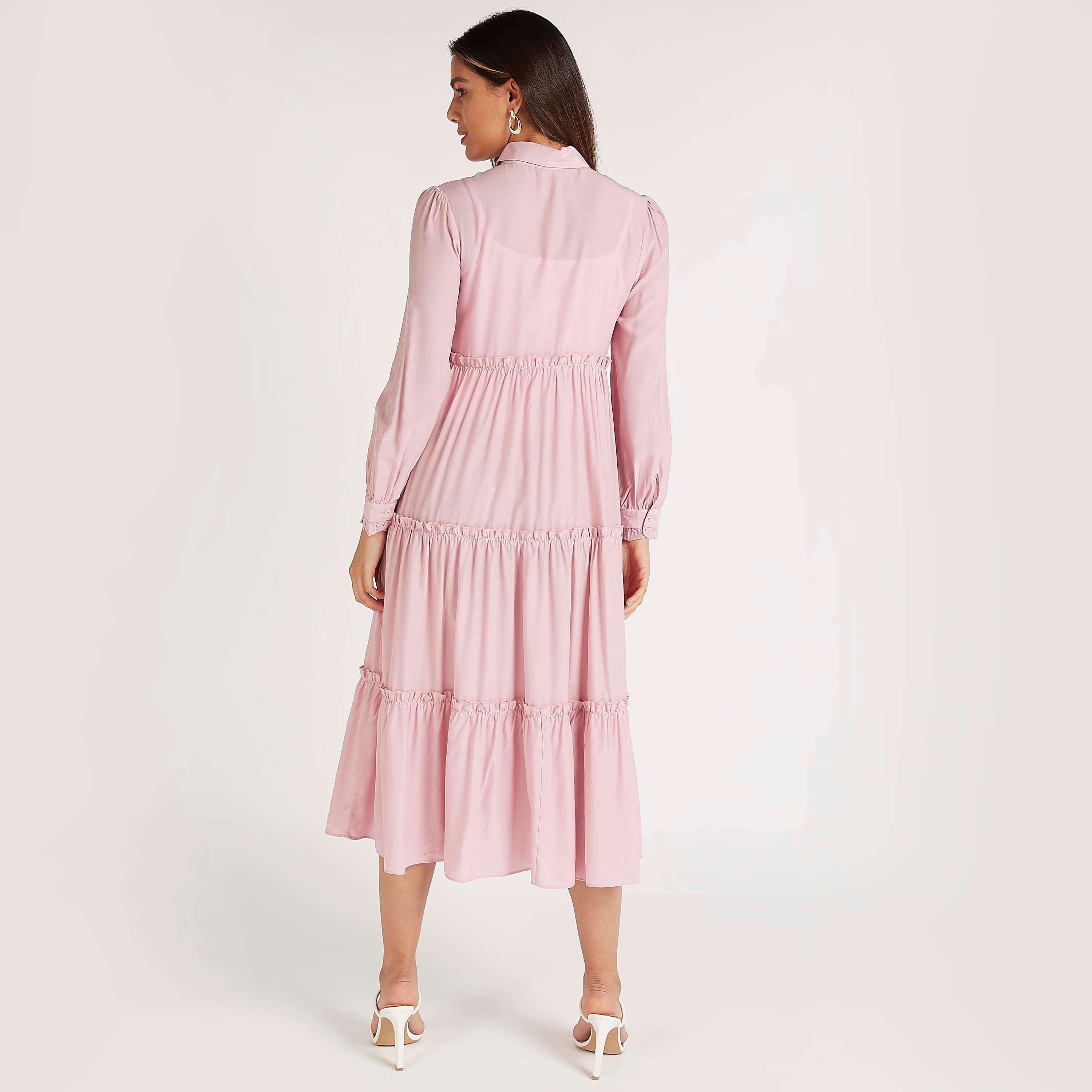 Iconic Solid Collared Tiered Midi A-line Dress with Long Sleeves-women-clothing-dresses-image-4