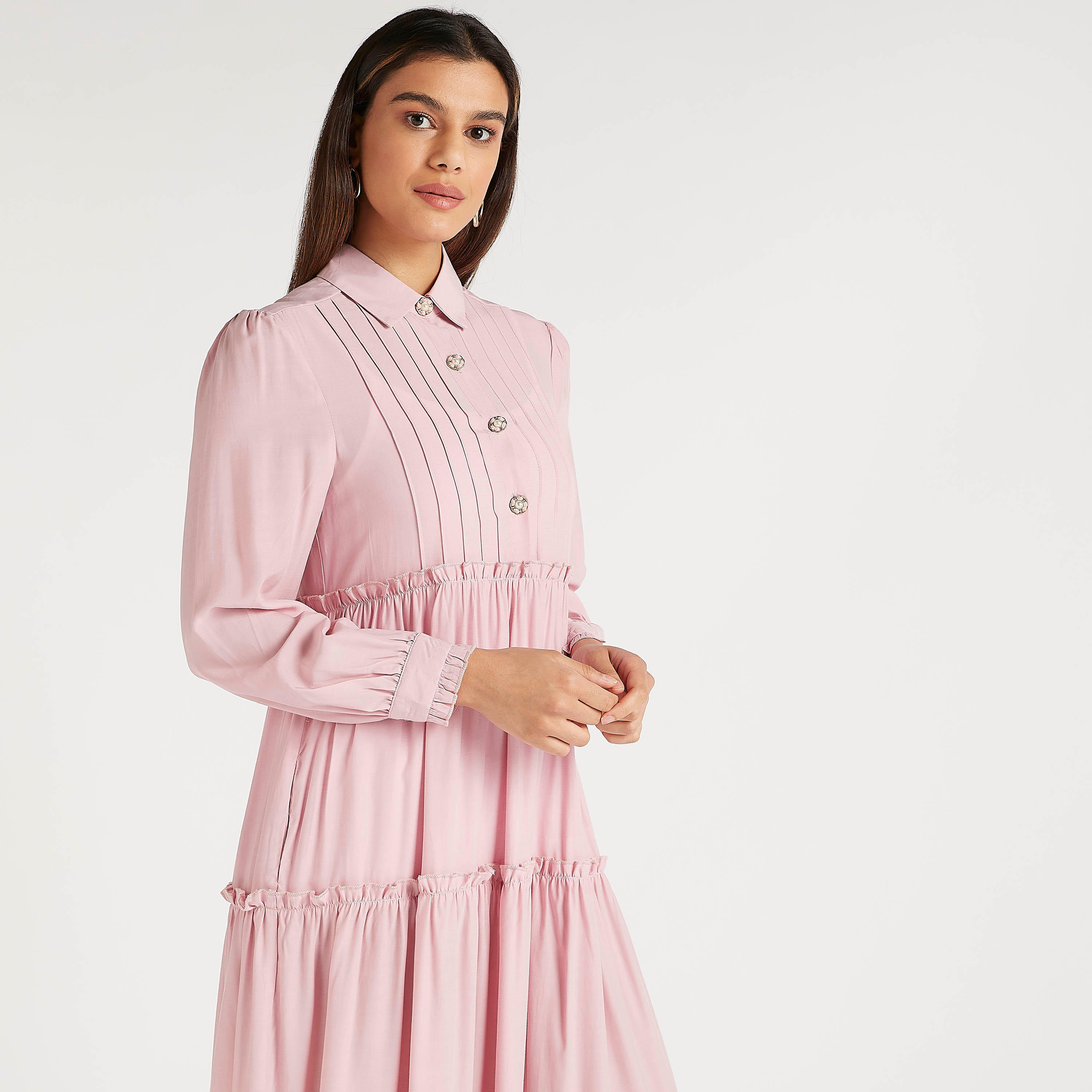 Iconic Solid Collared Tiered Midi A-line Dress with Long Sleeves-women-clothing-dresses-image-5