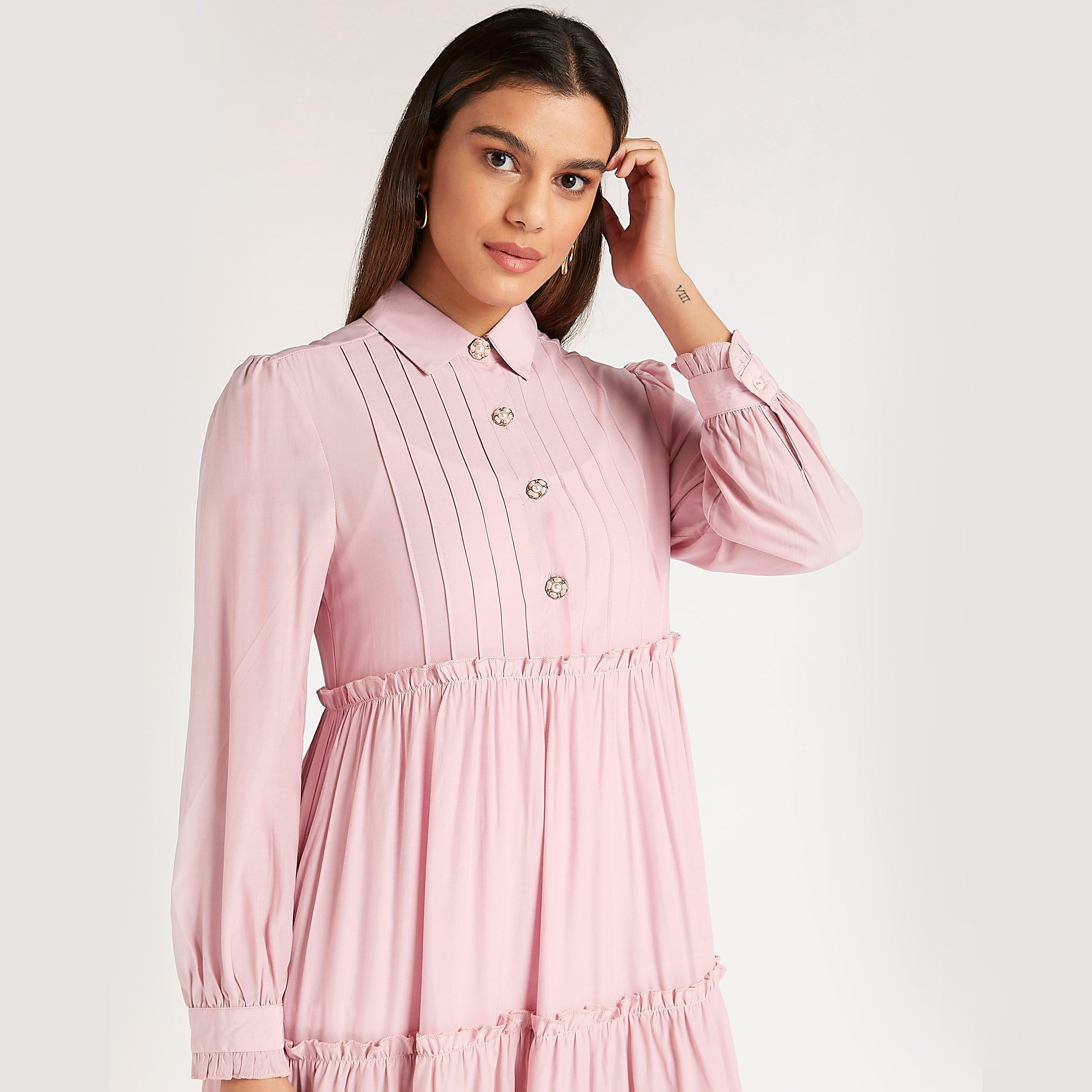 Iconic Solid Collared Tiered Midi A-line Dress with Long Sleeves-women-clothing-dresses-image-6