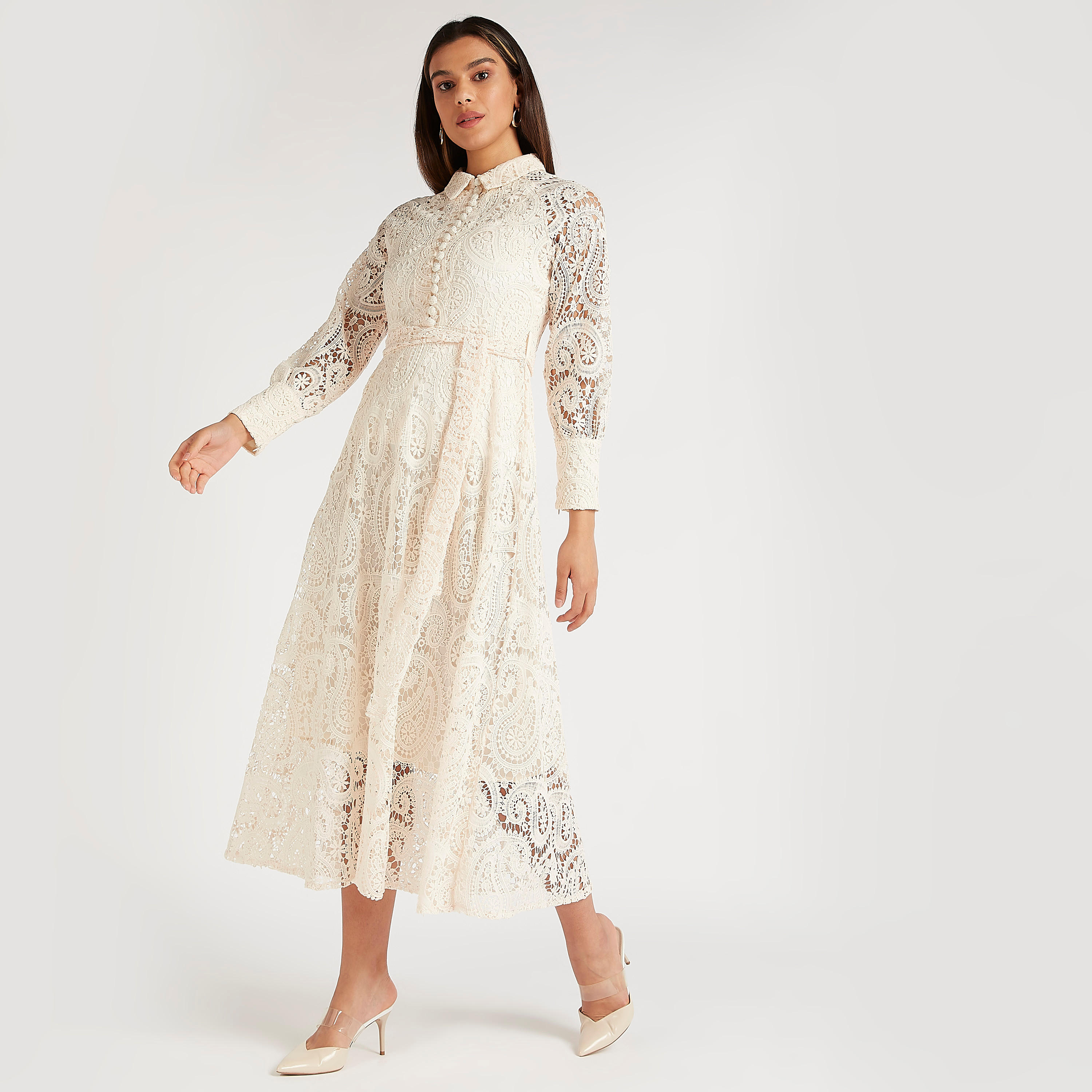 فستان دانتيل ميدي إيه لاين بياقة عادية وأكمام طويلة-women-clothing-dresses-image-2