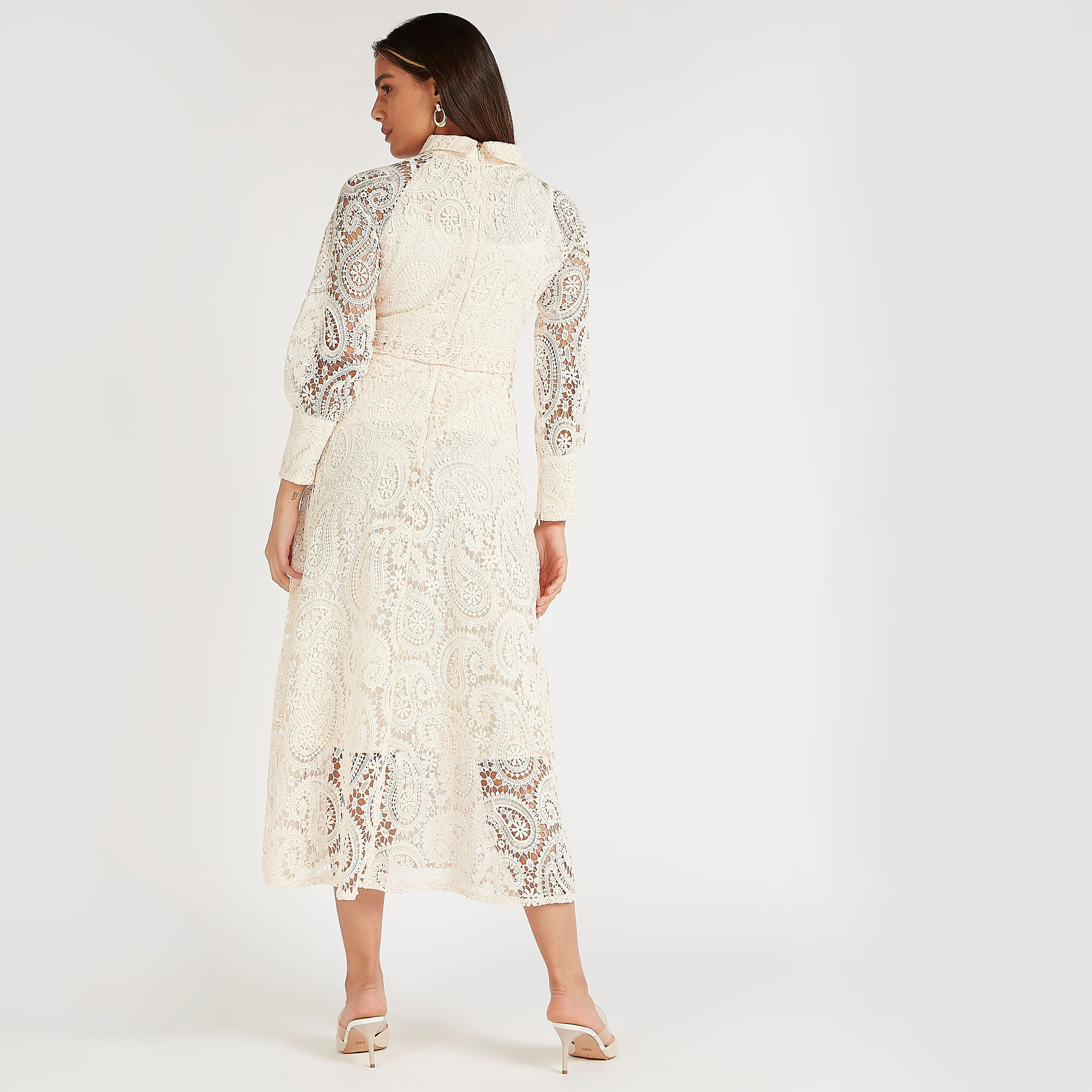 فستان دانتيل ميدي إيه لاين بياقة عادية وأكمام طويلة-women-clothing-dresses-image-4