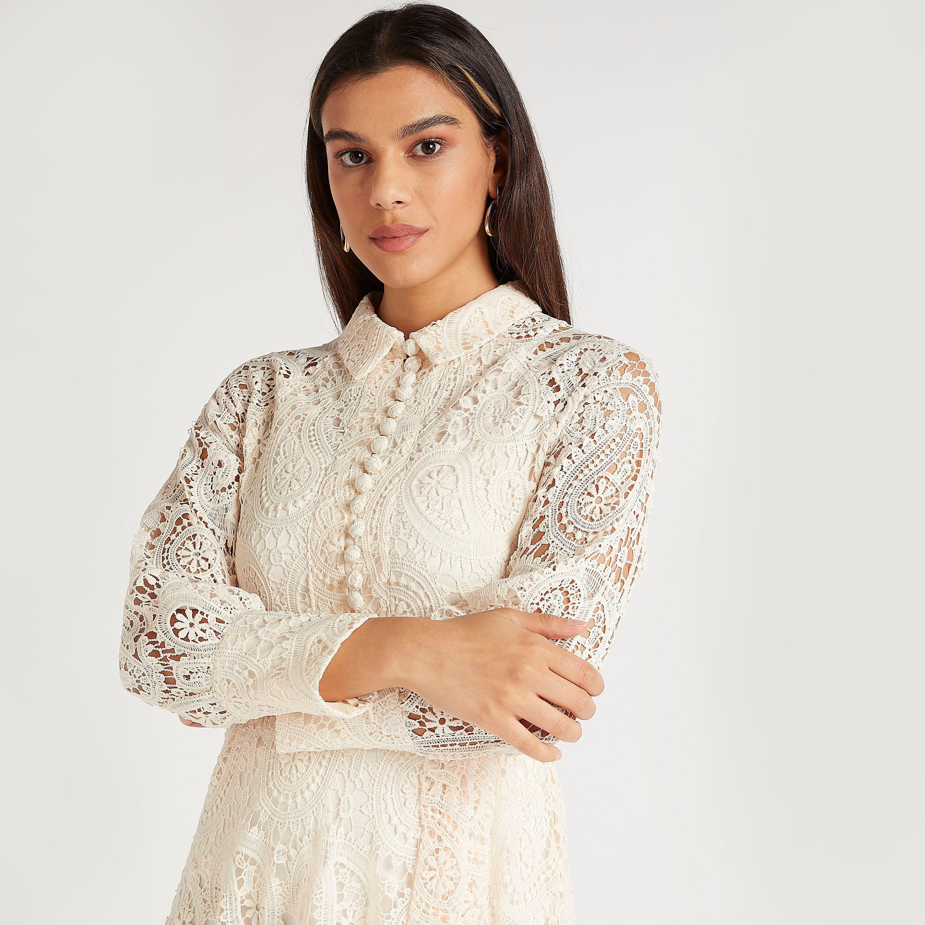 فستان دانتيل ميدي إيه لاين بياقة عادية وأكمام طويلة-women-clothing-dresses-image-5