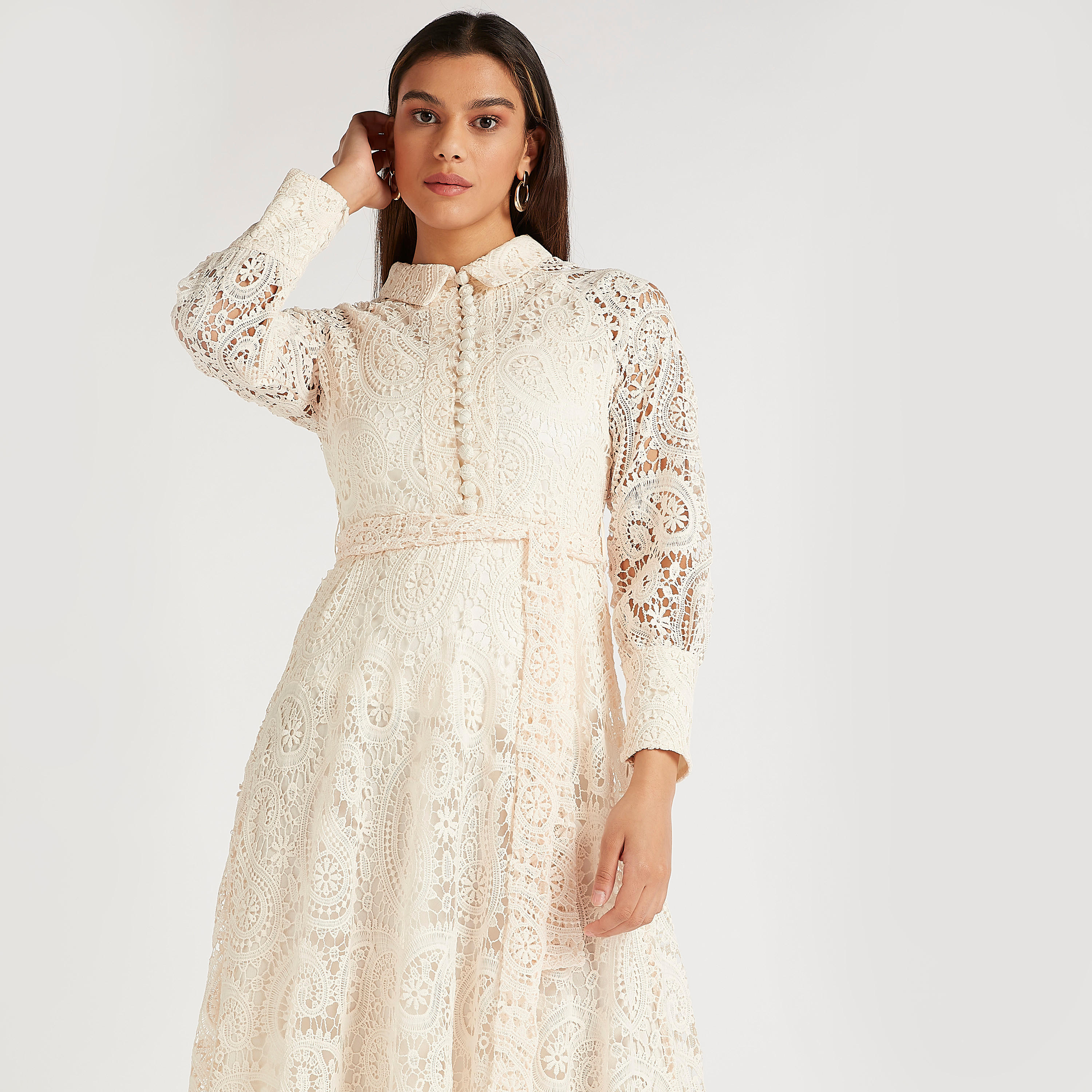 فستان دانتيل ميدي إيه لاين بياقة عادية وأكمام طويلة-women-clothing-dresses-image-6