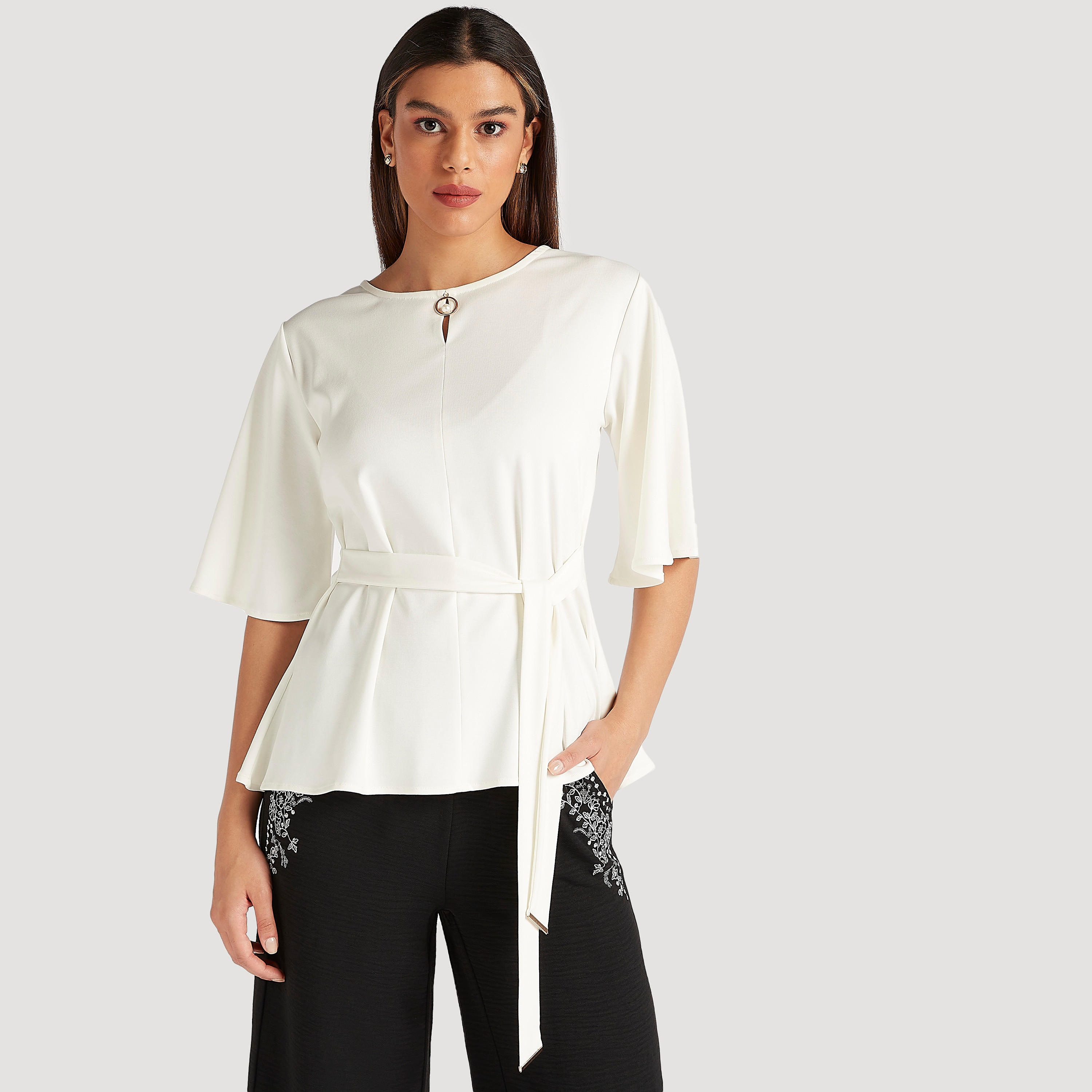 Iconic Solid Top with Tie-Up Belt and Short Flared Sleeves-women-clothing-shirtsandblouses-blouses-image-1