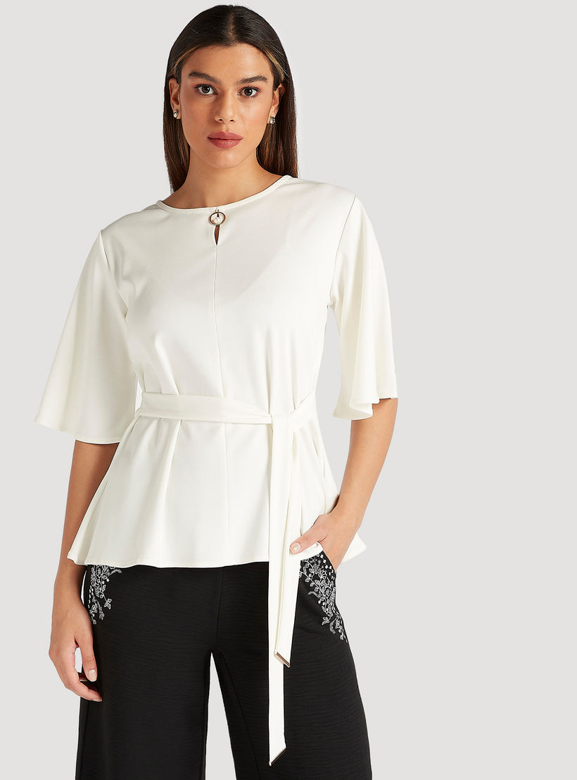 Iconic Solid Top with Tie-Up Belt and Short Flared Sleeves-women-clothing-shirtsandblouses-blouses-image-1