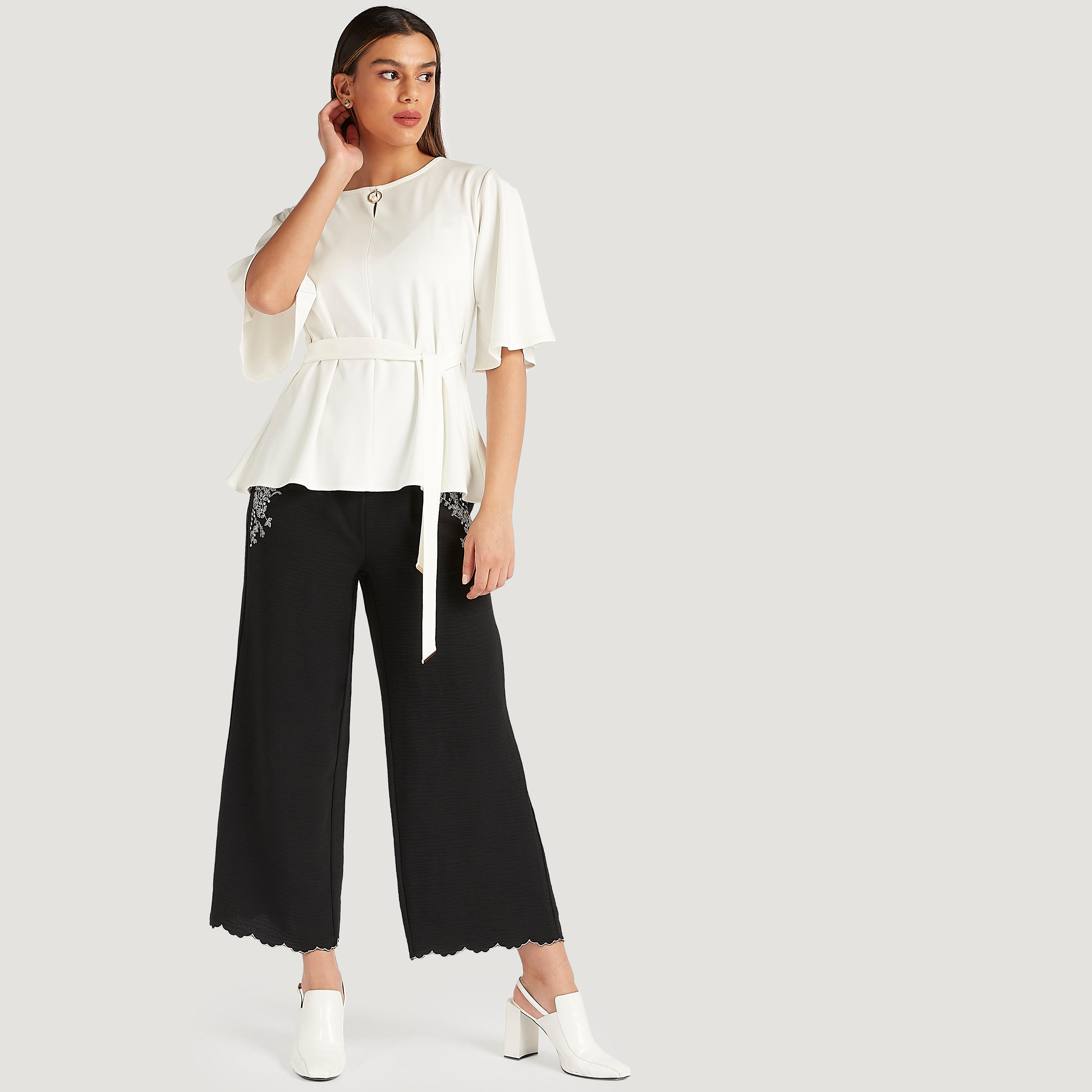 Iconic Solid Top with Tie-Up Belt and Short Flared Sleeves-women-clothing-shirtsandblouses-blouses-image-2