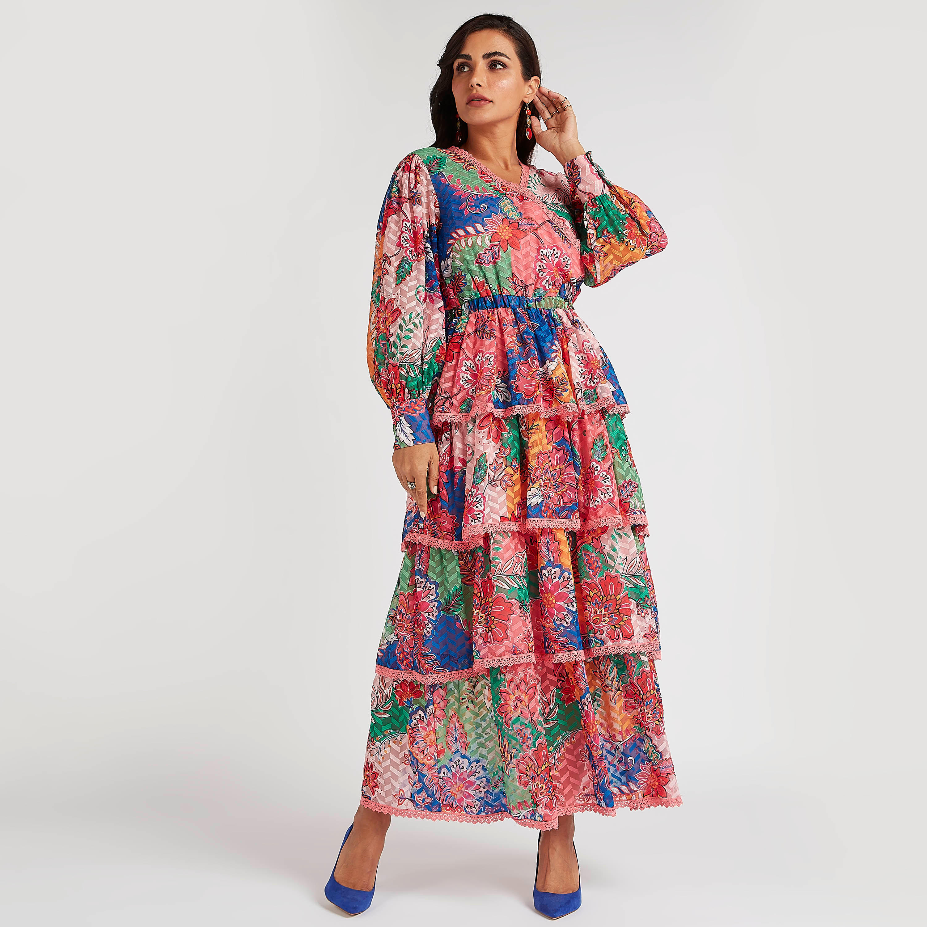 فستان مستدام طويل متعدّد الطبقات بطبعات أزهار وأكمام طويلة من آيكونك-women-clothing-dresses-image-1