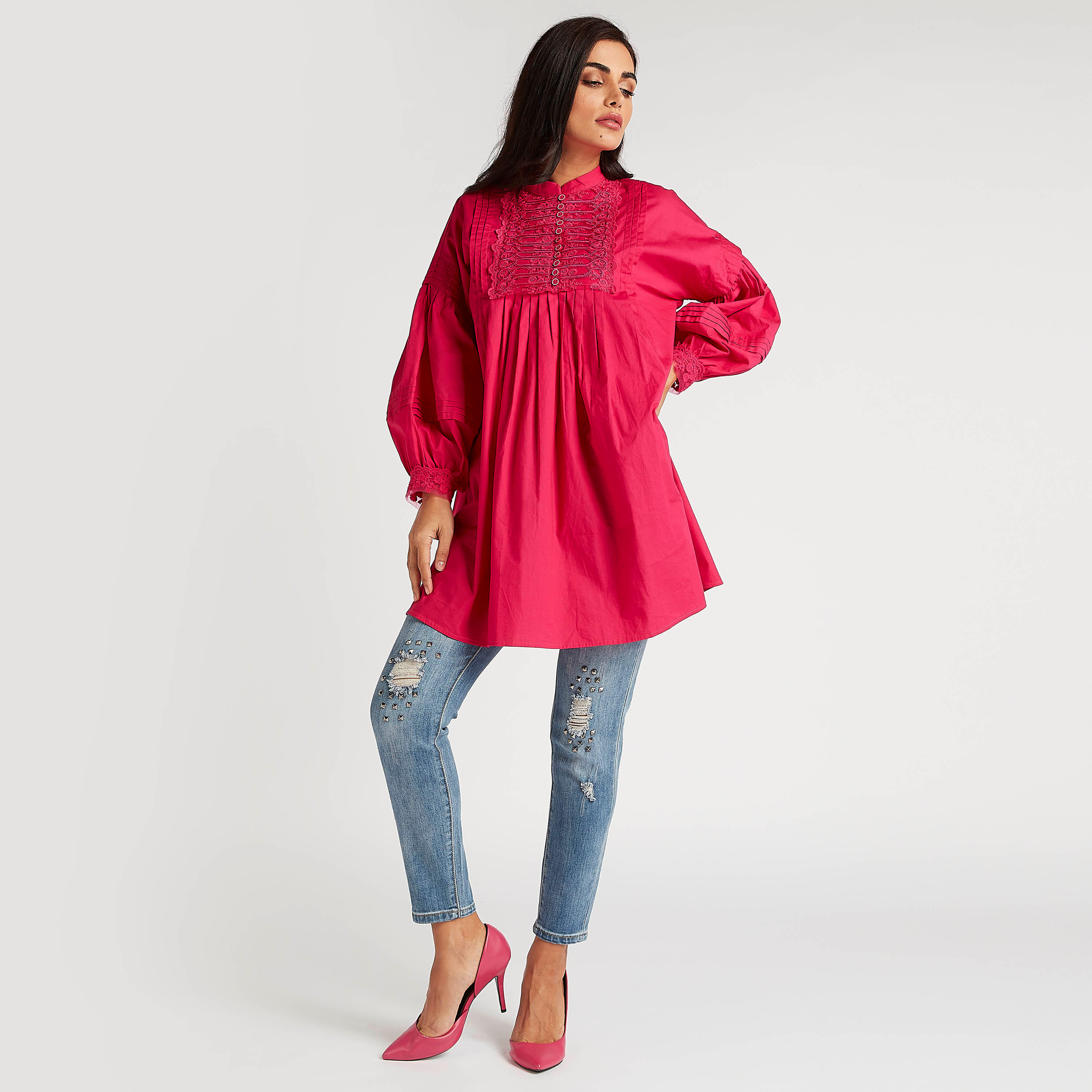 تونيك مطرز بياقة ماندارين وأكمام بيشوب من آيكونك-women-clothing-shirtsandblouses-blouses-image-2
