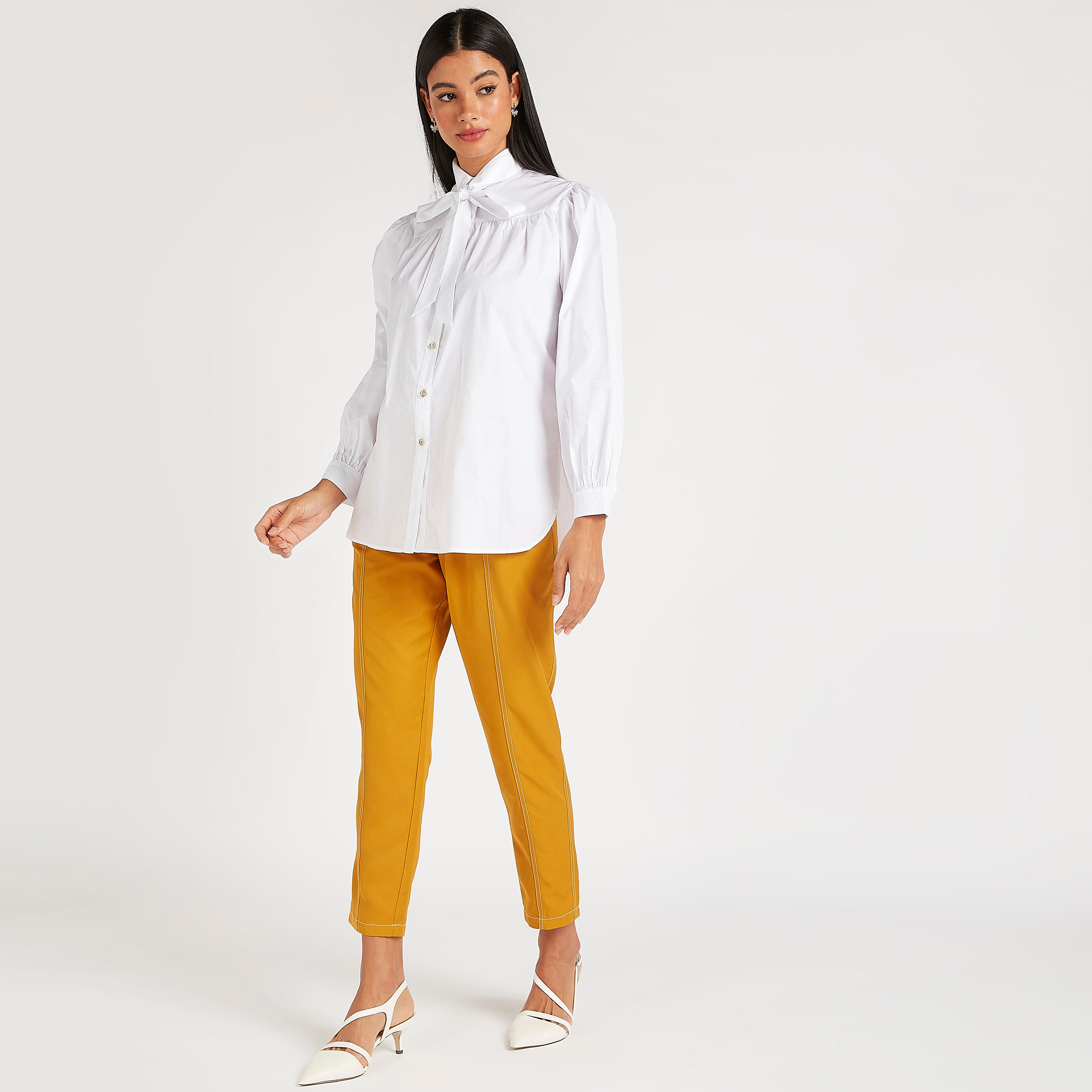 قميص سادة بياقة عادية وأكمام طويلة وياقة برباط-women-clothing-shirtsandblouses-shirts-image-5