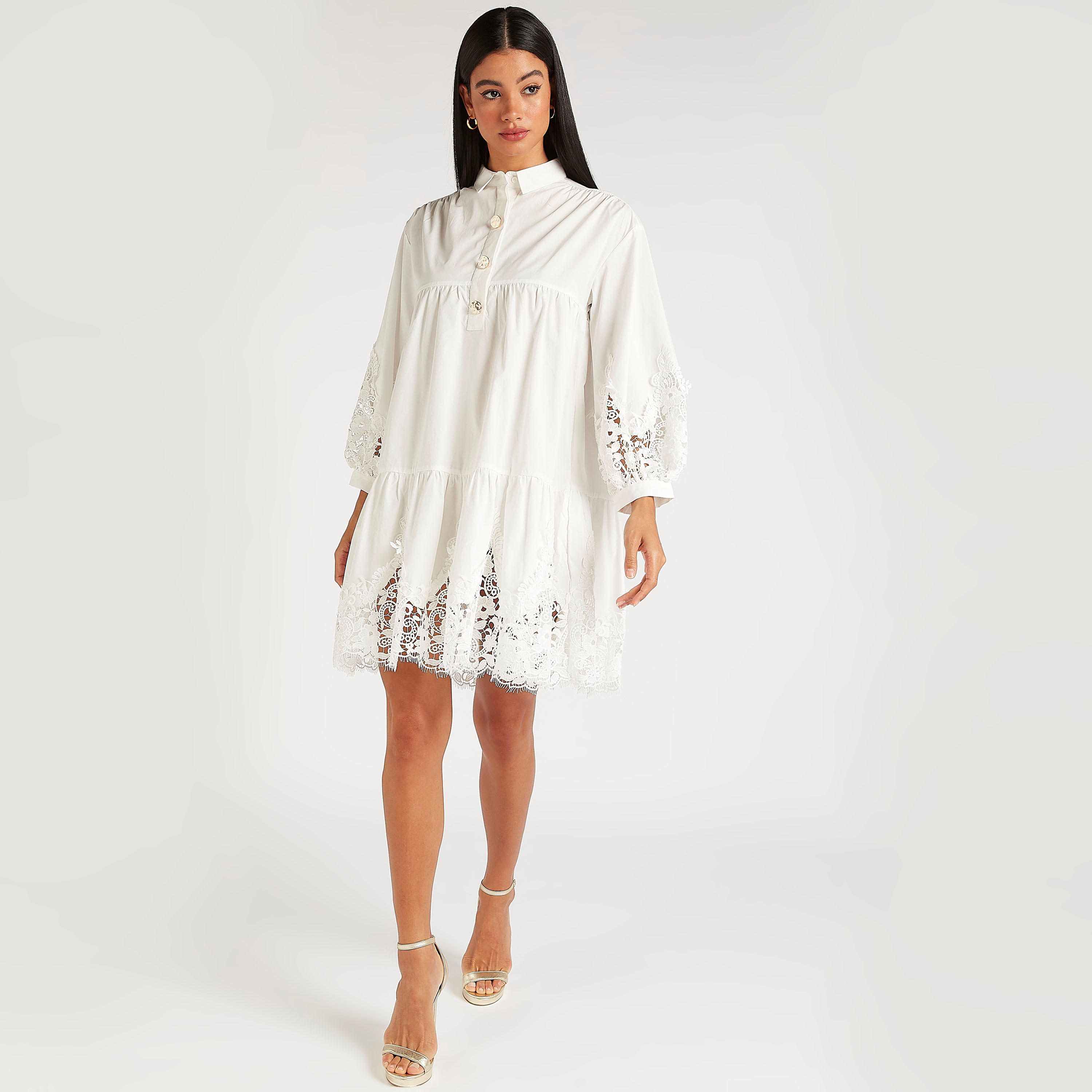 فستان قميص قصير مزين بالدانتيل بأكمام طويلة من آيكونك-women-clothing-dresses-image-2