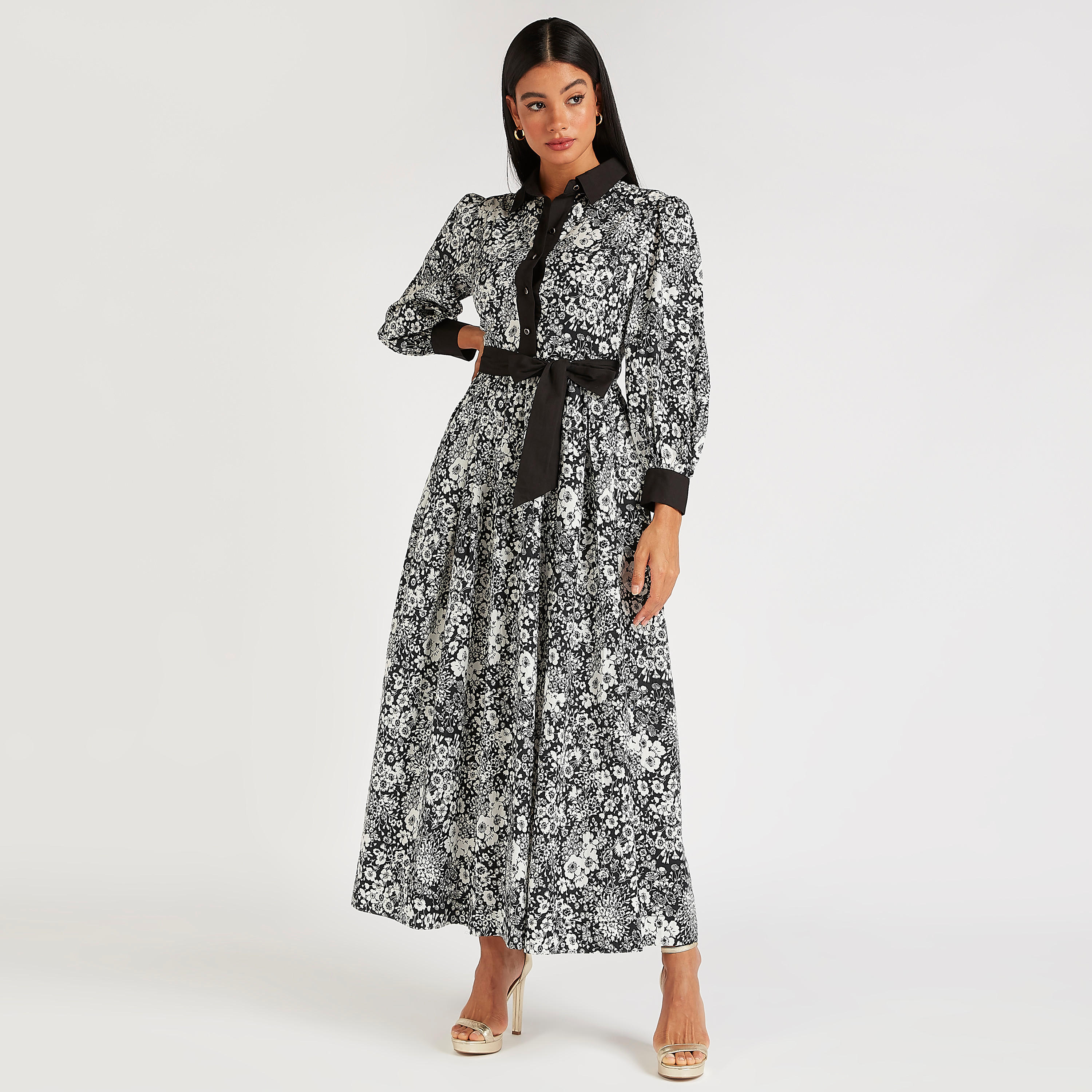 فستان إيه لاين بطبعات أزهار وياقة عادية وأكمام طويلة ورباط من آيكونيك-women-clothing-dresses-image-2