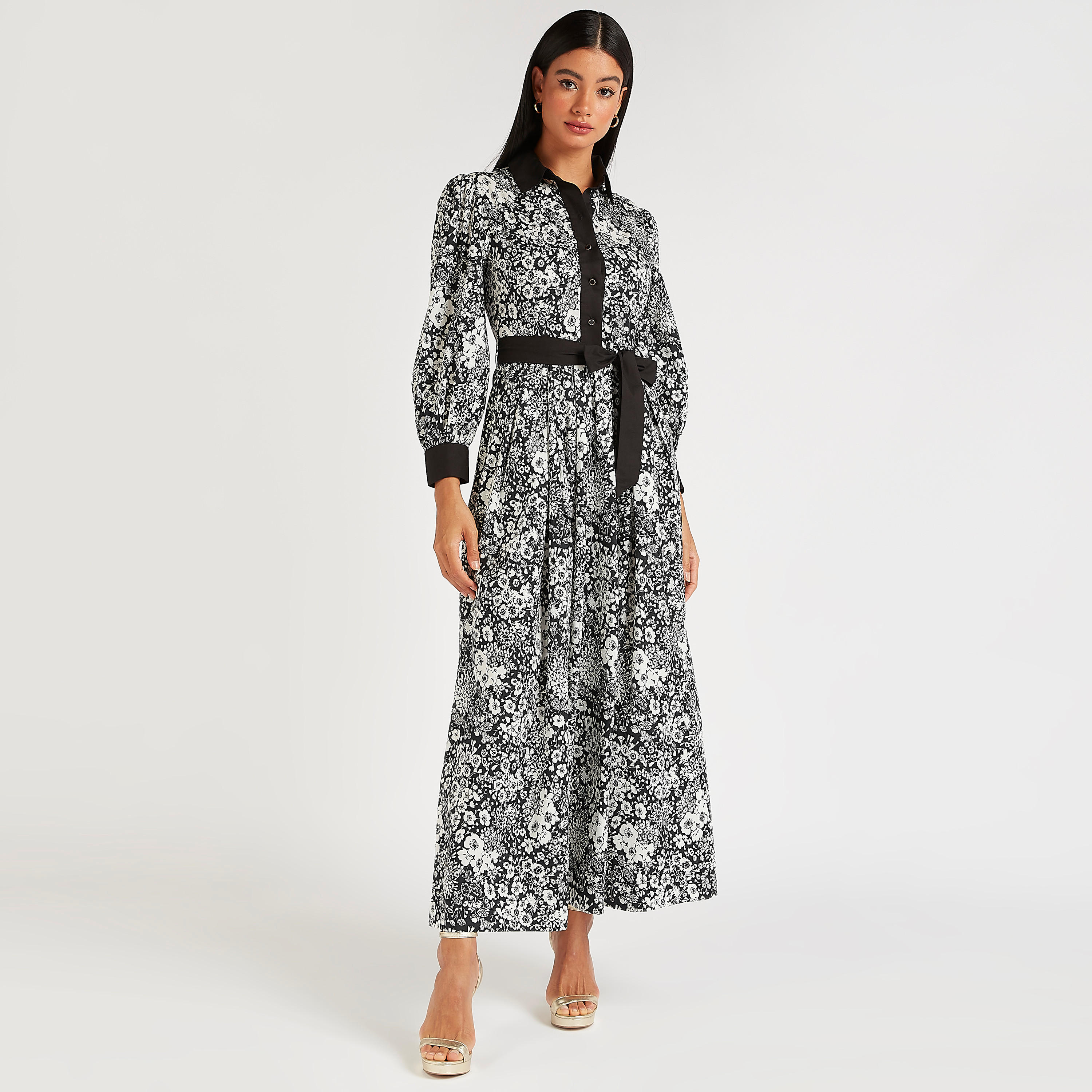 فستان إيه لاين بطبعات أزهار وياقة عادية وأكمام طويلة ورباط من آيكونيك-women-clothing-dresses-image-3