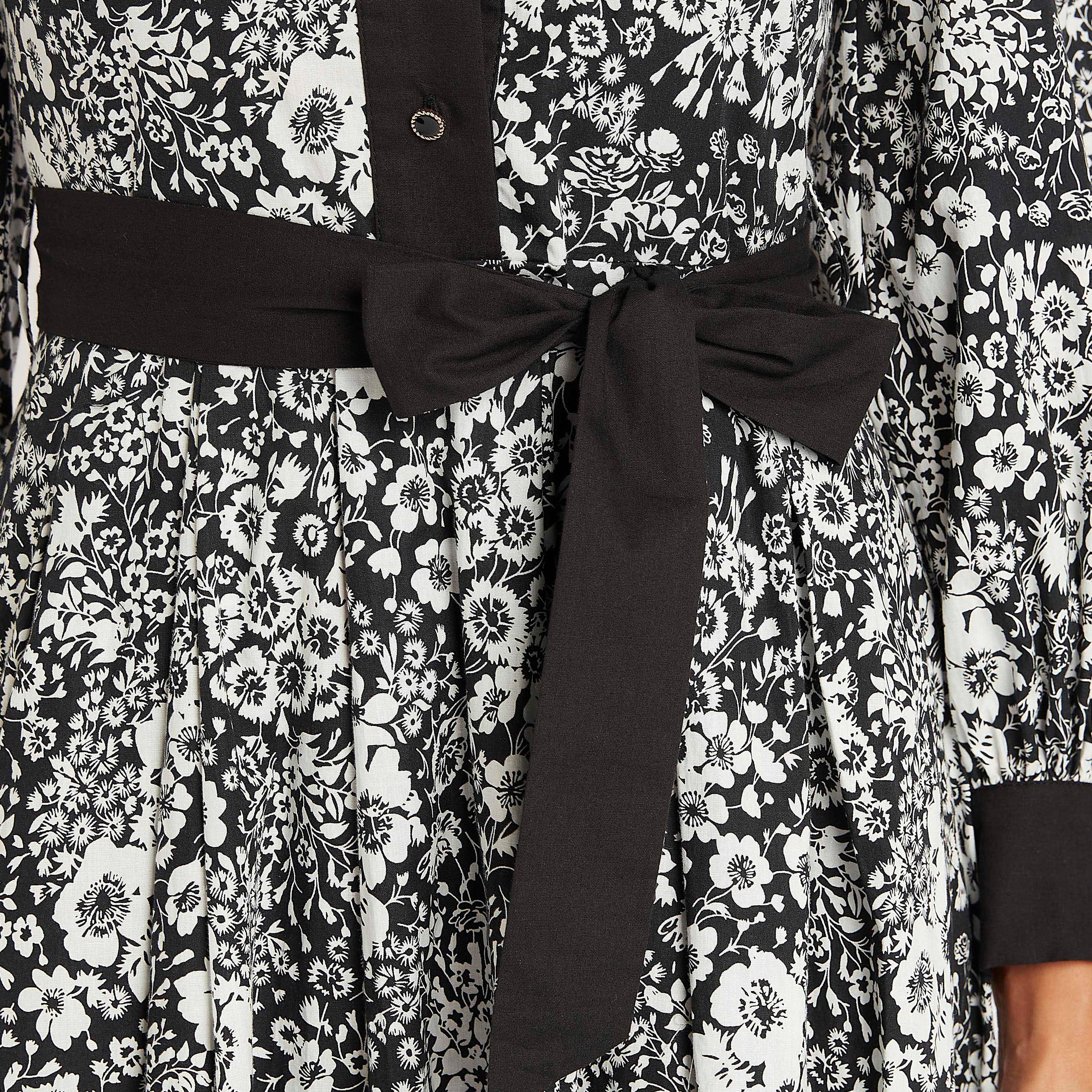 فستان إيه لاين بطبعات أزهار وياقة عادية وأكمام طويلة ورباط من آيكونيك-women-clothing-dresses-image-4