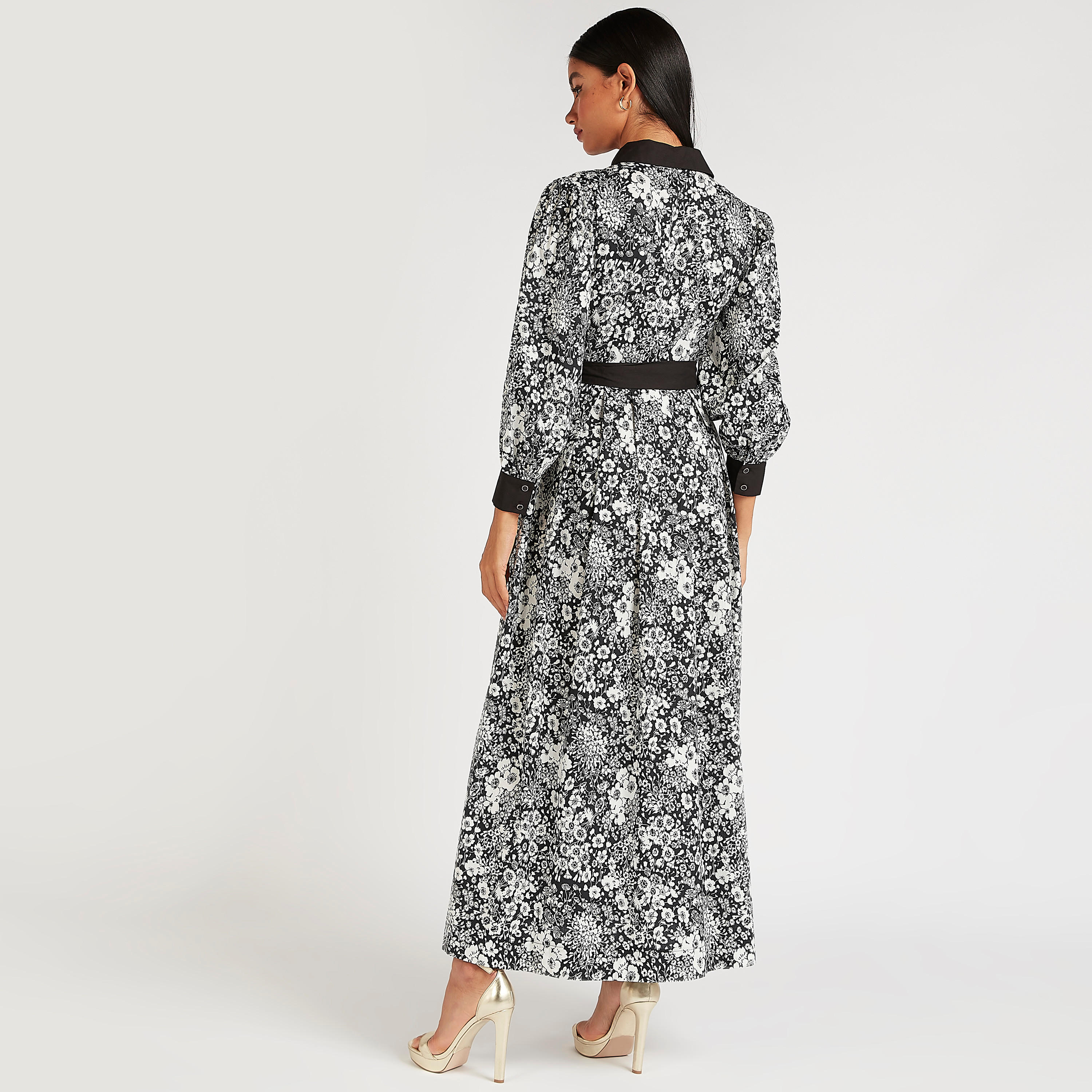 فستان إيه لاين بطبعات أزهار وياقة عادية وأكمام طويلة ورباط من آيكونيك-women-clothing-dresses-image-5