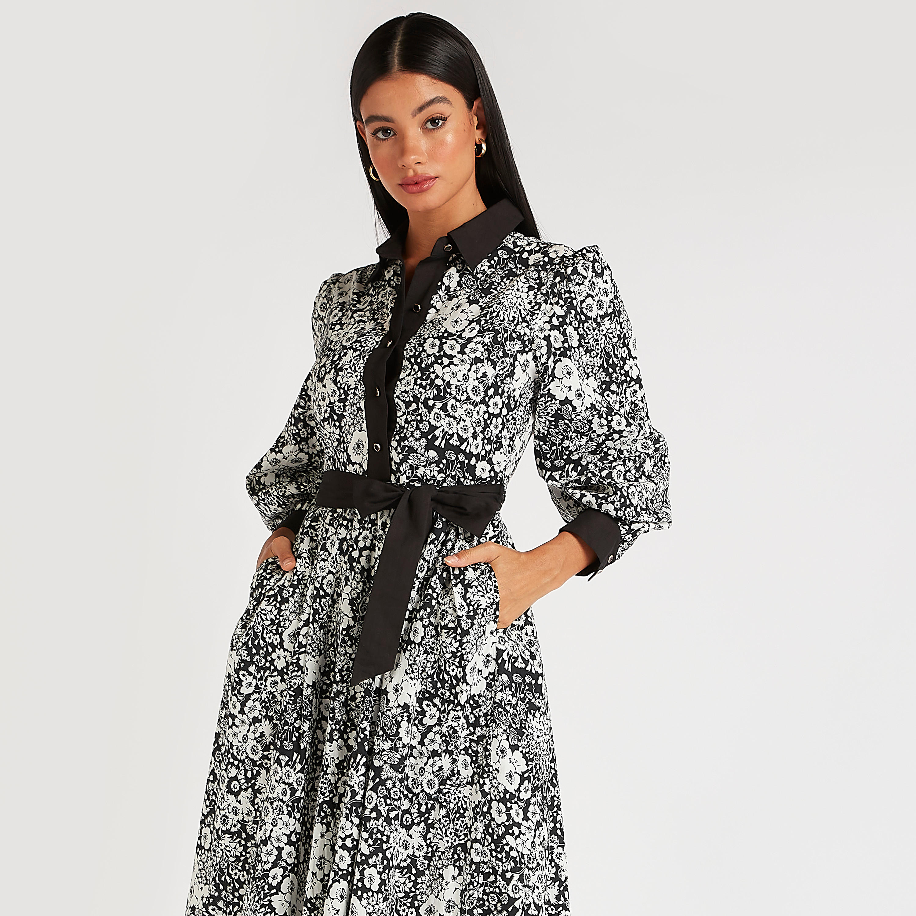 فستان إيه لاين بطبعات أزهار وياقة عادية وأكمام طويلة ورباط من آيكونيك-women-clothing-dresses-image-6