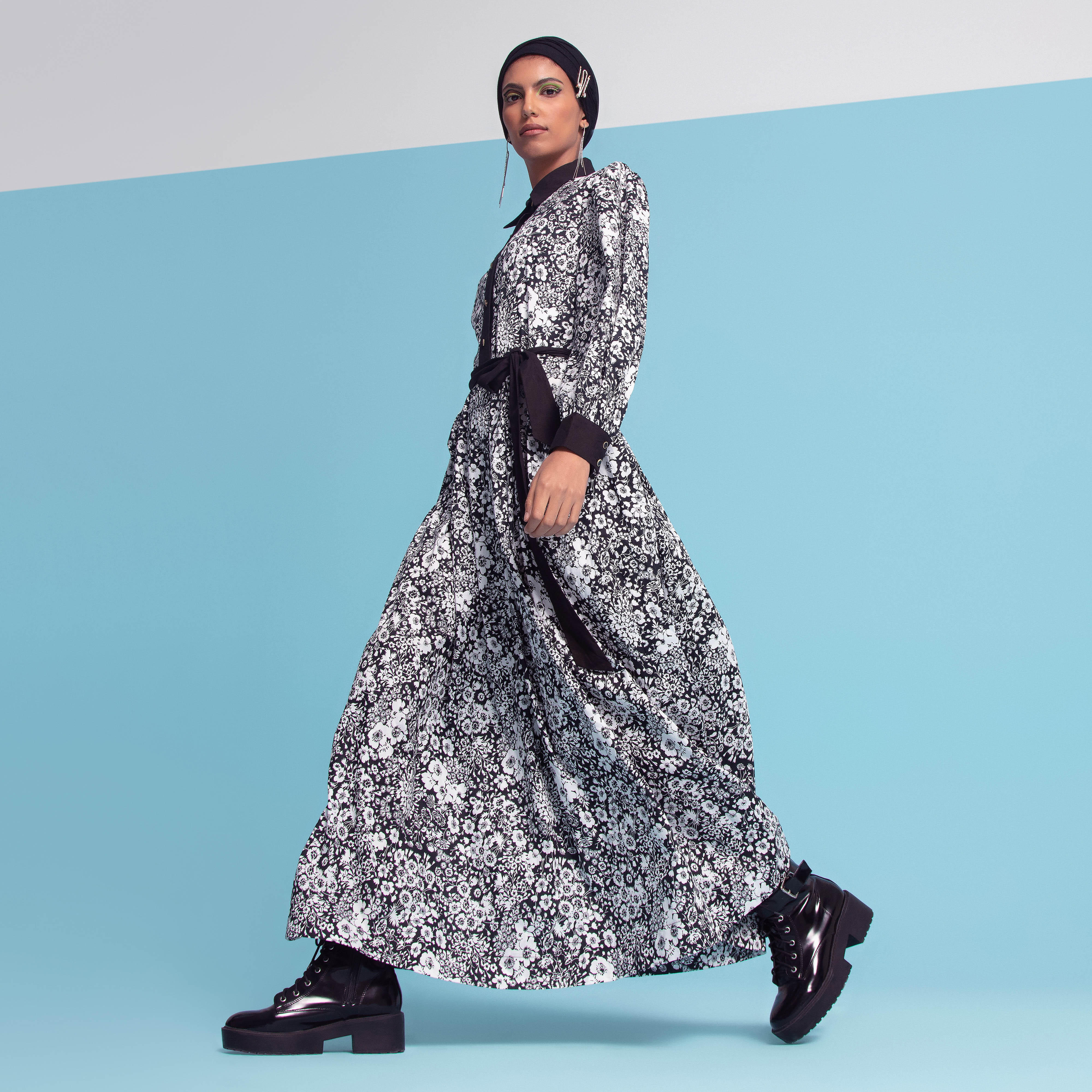 فستان إيه لاين بطبعات أزهار وياقة عادية وأكمام طويلة ورباط من آيكونيك-women-clothing-dresses-image-1