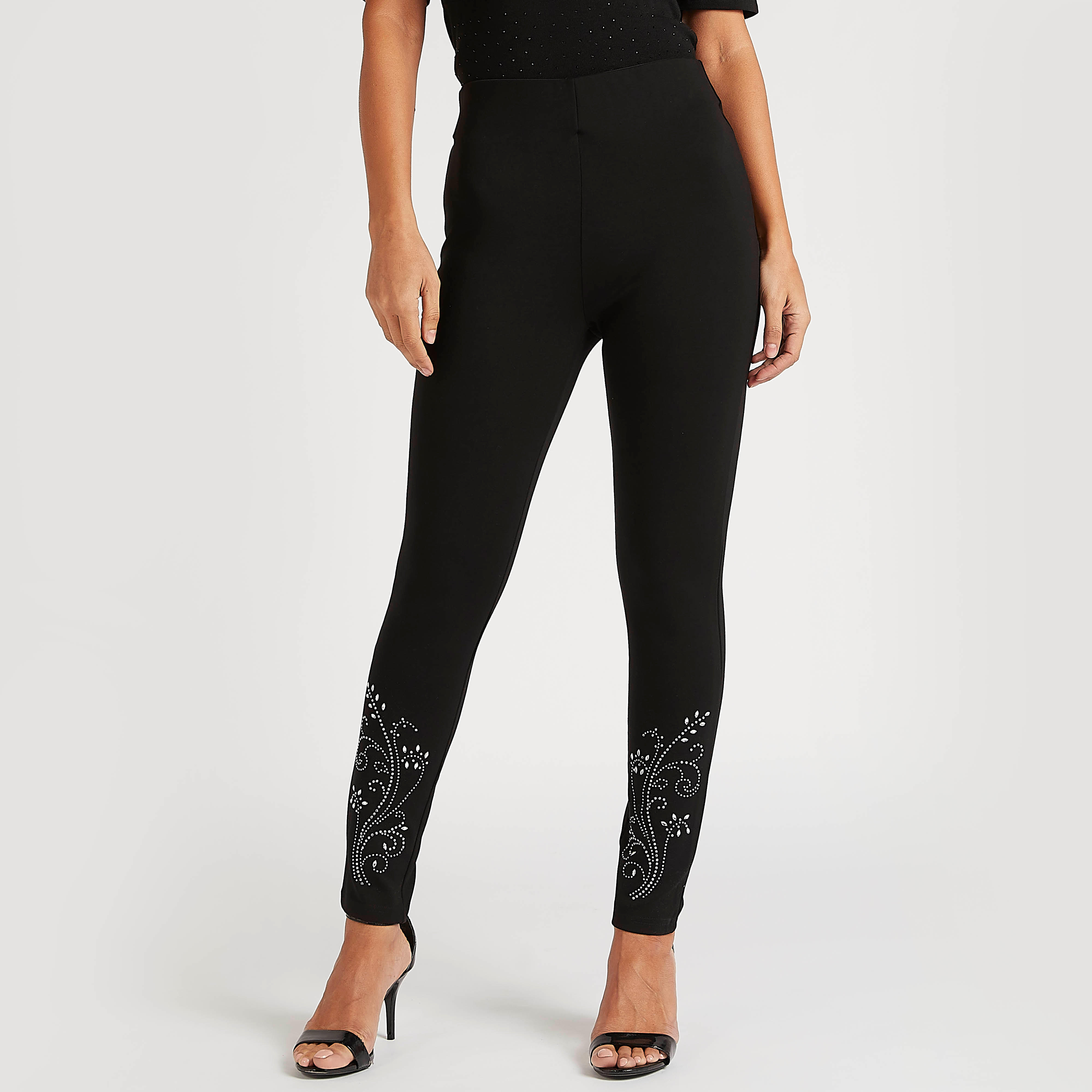 بنطلون ليقنز سادة بخصر مطاطي وتفاصيل مزينة من أيكونيك-women-clothing-bottoms-leggings-image-1