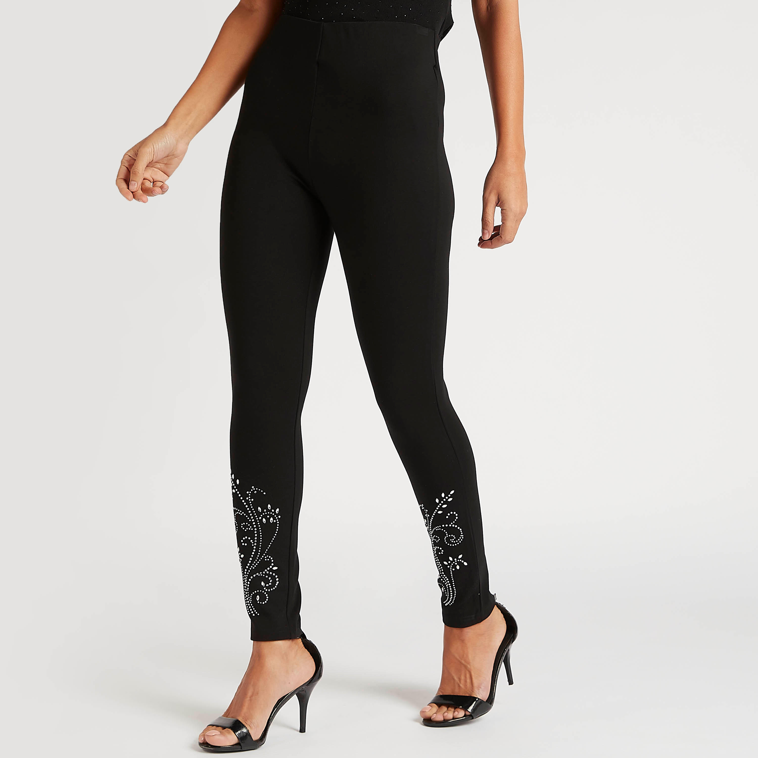 بنطلون ليقنز سادة بخصر مطاطي وتفاصيل مزينة من أيكونيك-women-clothing-bottoms-leggings-image-5