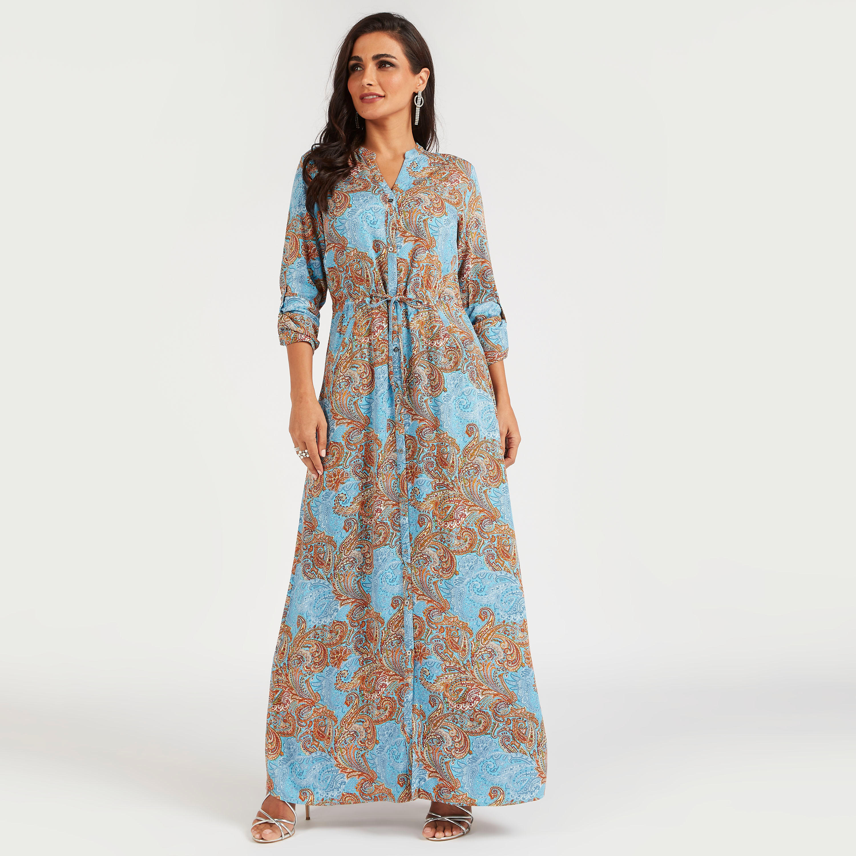 فستان قميص طويل بجيوب وطبعات بيزلي من أيكونيك-women-clothing-dresses-image-1