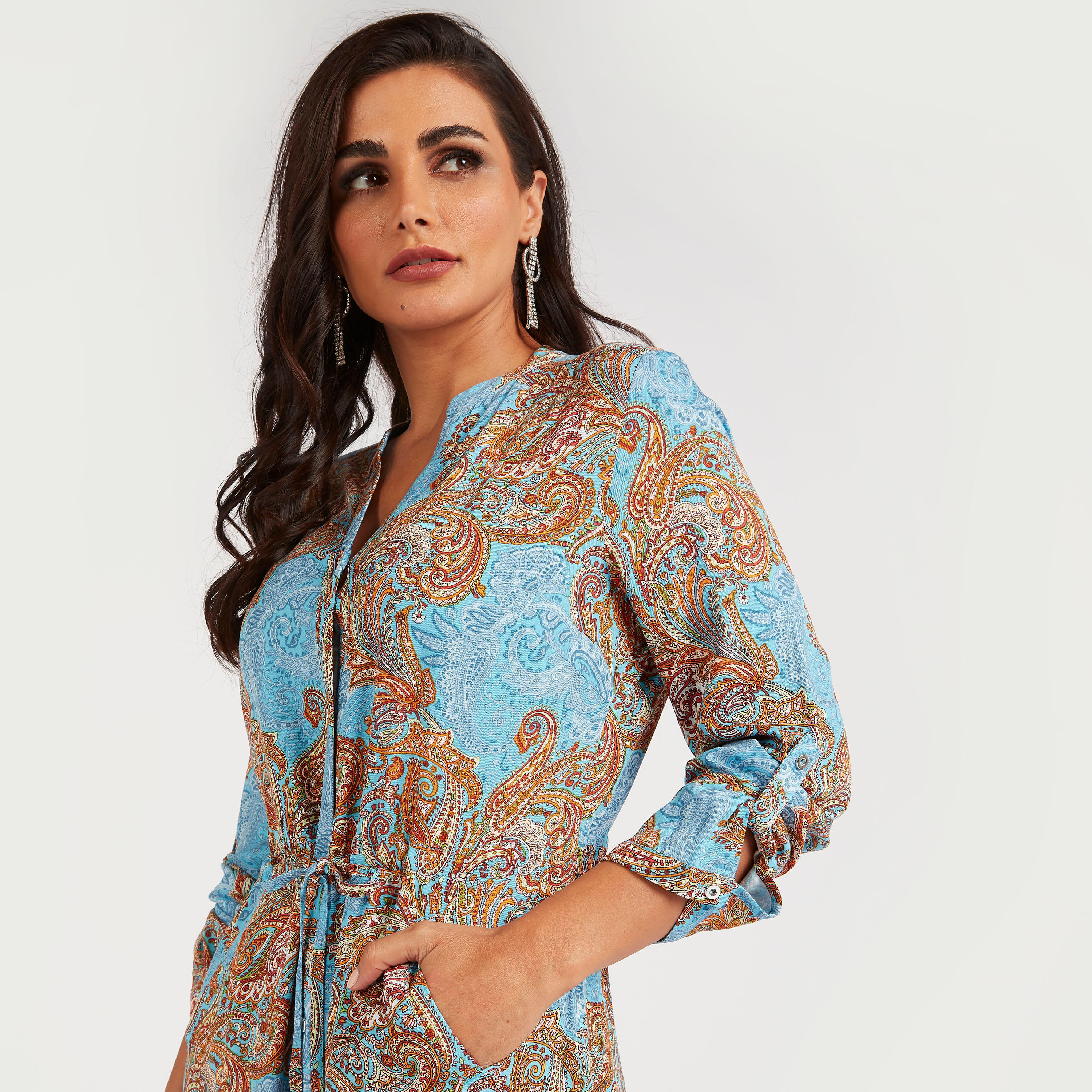 فستان قميص طويل بجيوب وطبعات بيزلي من أيكونيك-women-clothing-dresses-image-5