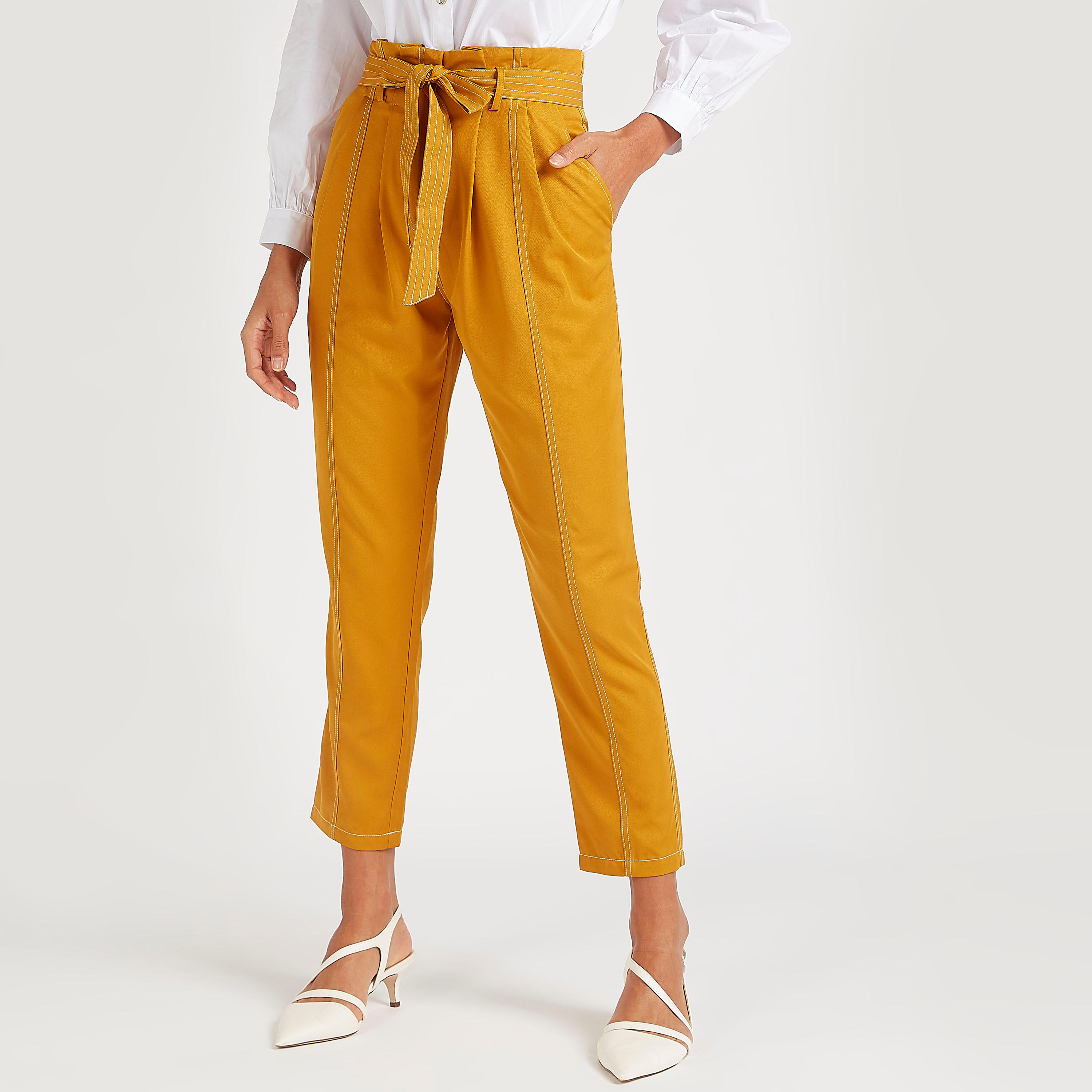 بنطلون سادة بطول الكاحل وخصر متوسّط الارتفاع مع أربطة وجيوب من آيكونيك-women-clothing-bottoms-trousers-image-1