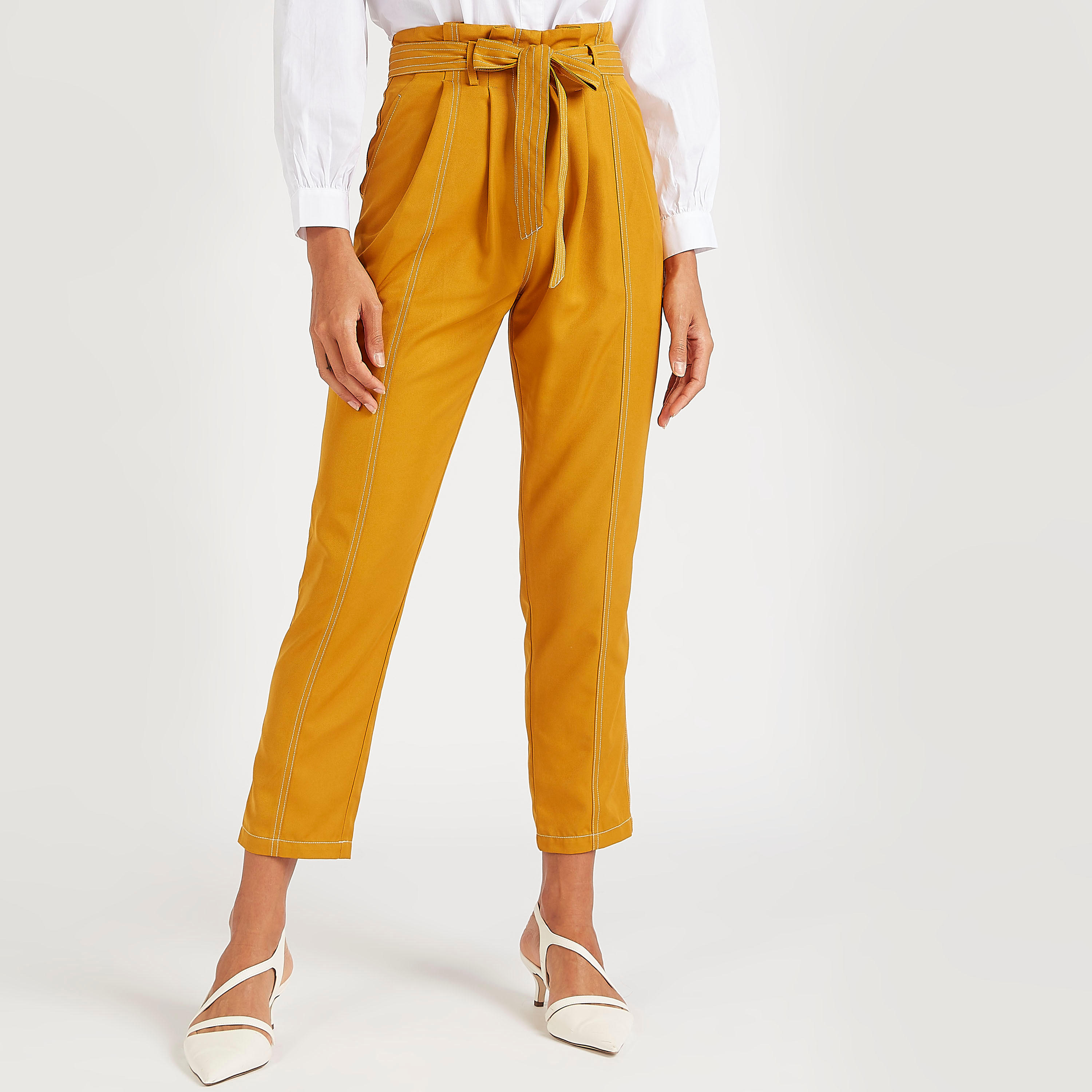 بنطلون سادة بطول الكاحل وخصر متوسّط الارتفاع مع أربطة وجيوب من آيكونيك-women-clothing-bottoms-trousers-image-5