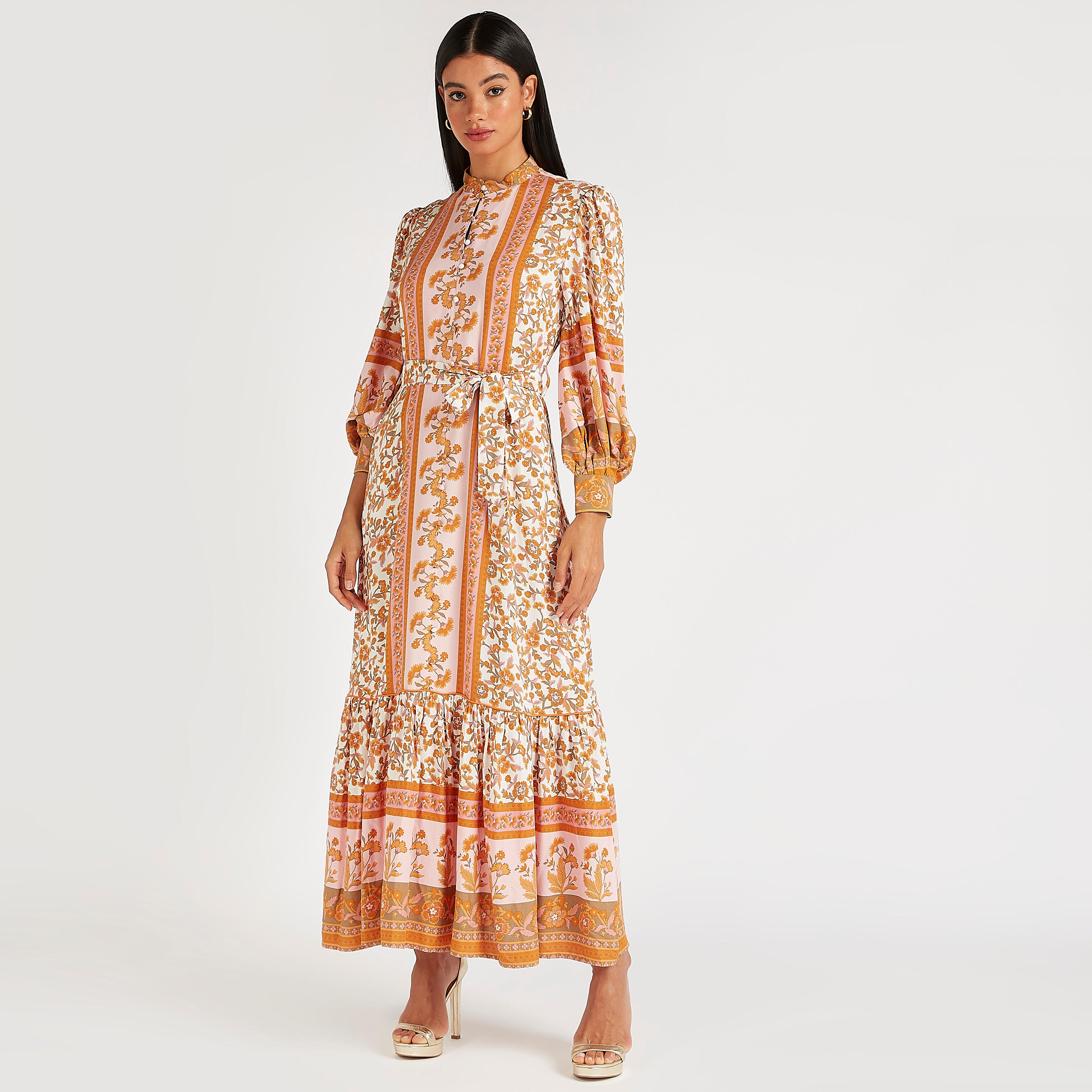 فستان إيه لاين طويل بطبعات أزهار وأكمام طويلة وياقة عالية-women-clothing-dresses-image-1