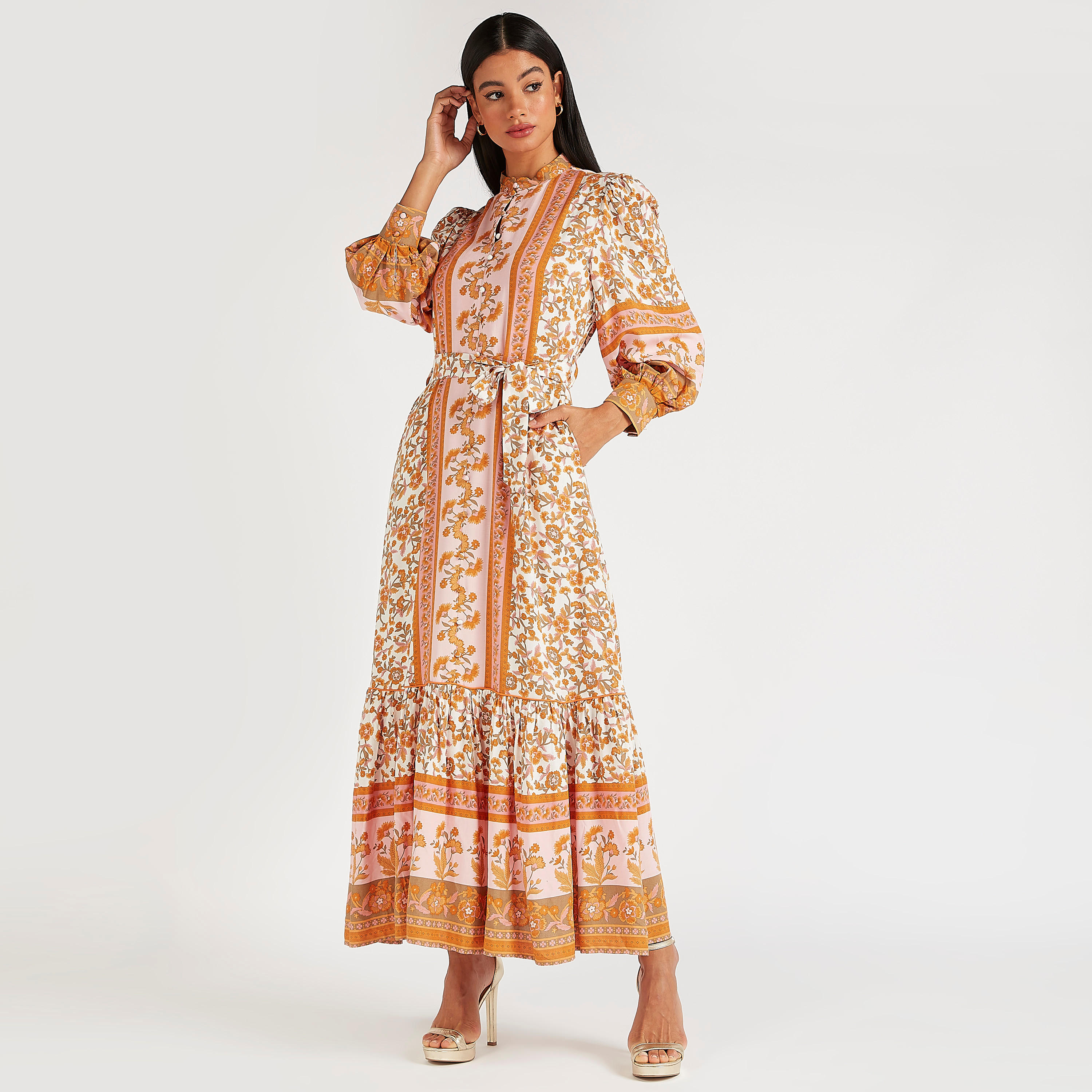 فستان إيه لاين طويل بطبعات أزهار وأكمام طويلة وياقة عالية-women-clothing-dresses-image-2