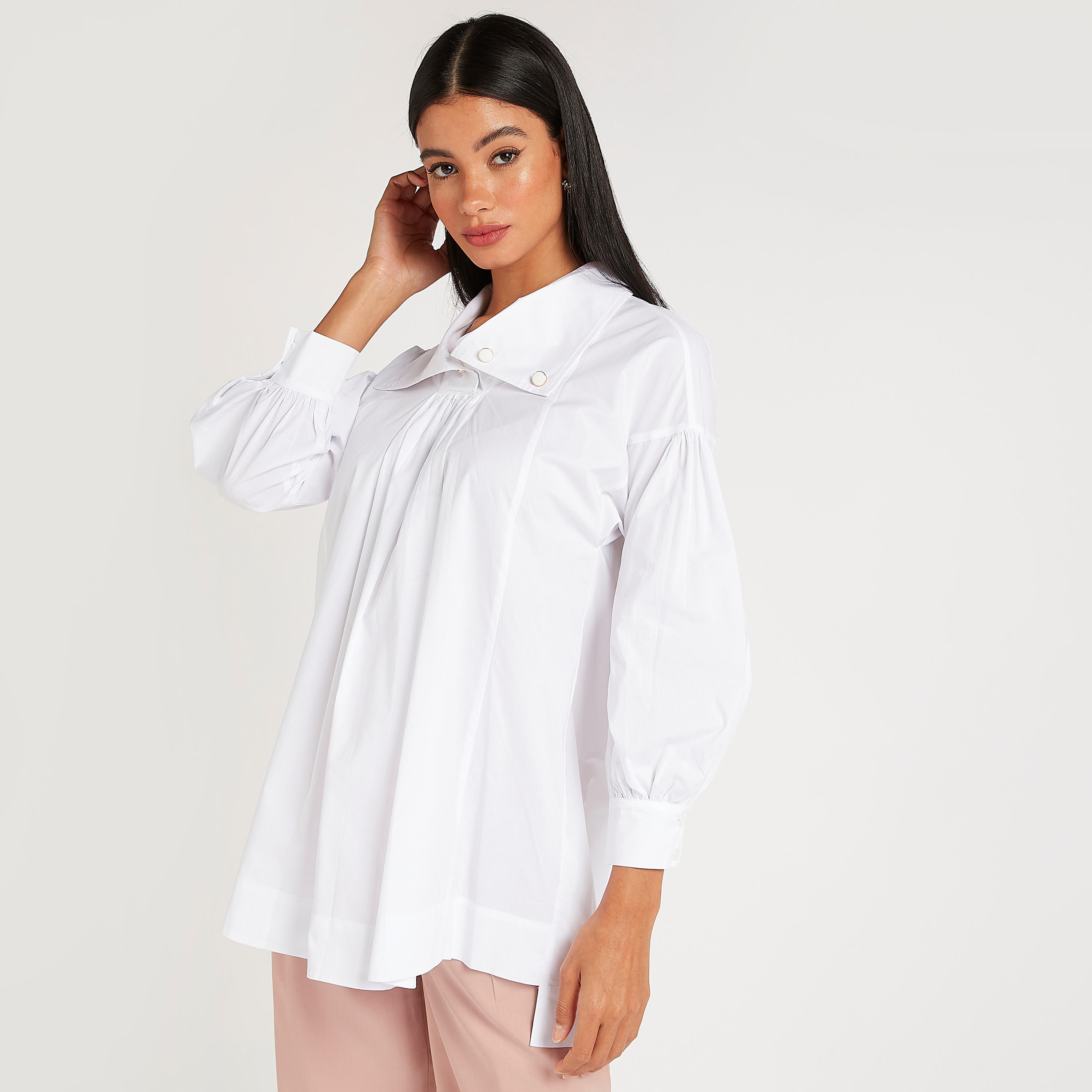 آيكونيكقميص سادة بياقة عادية وأكمام طويلة وتزيينات زر-women-clothing-shirtsandblouses-shirts-image-7