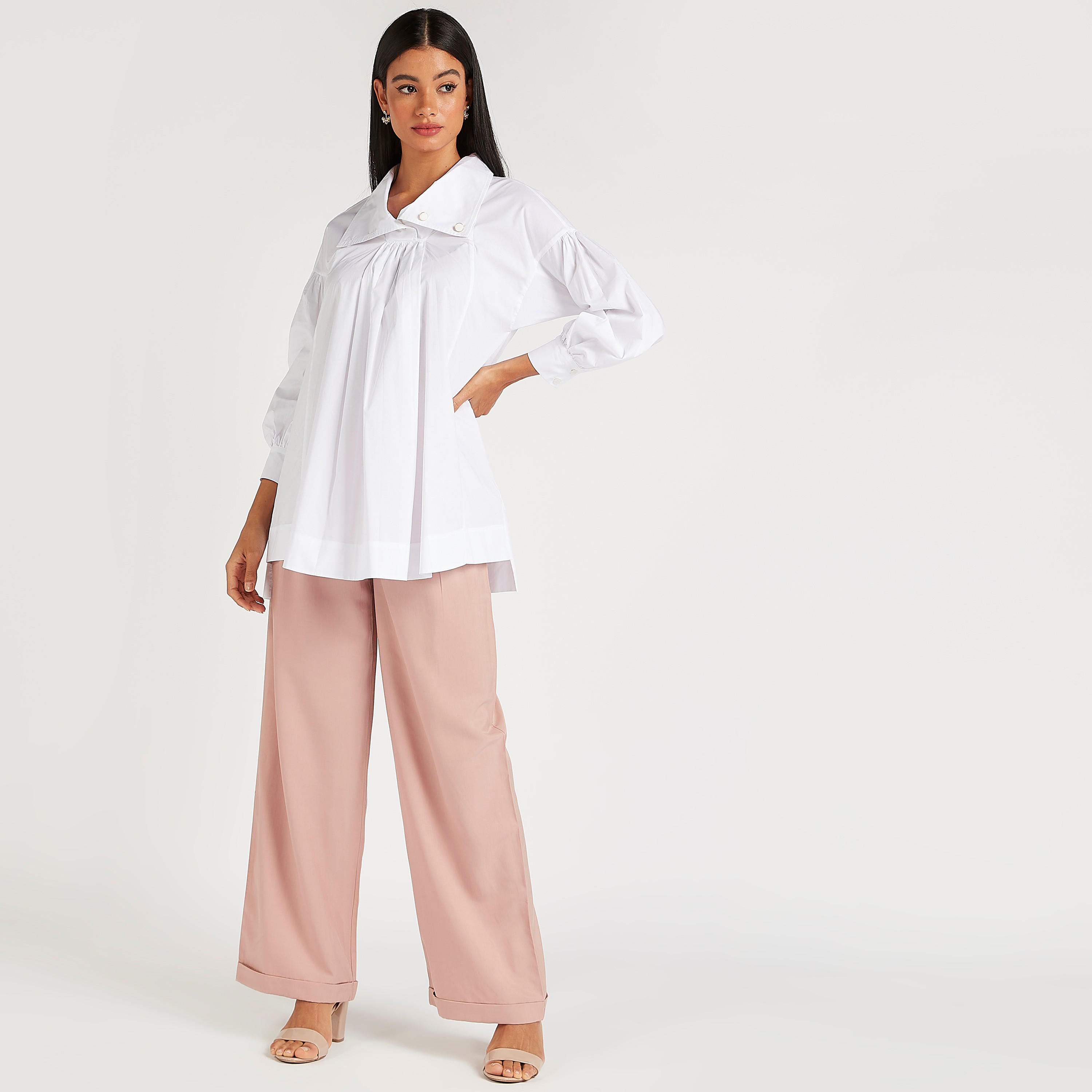 آيكونيكقميص سادة بياقة عادية وأكمام طويلة وتزيينات زر-women-clothing-shirtsandblouses-shirts-image-1