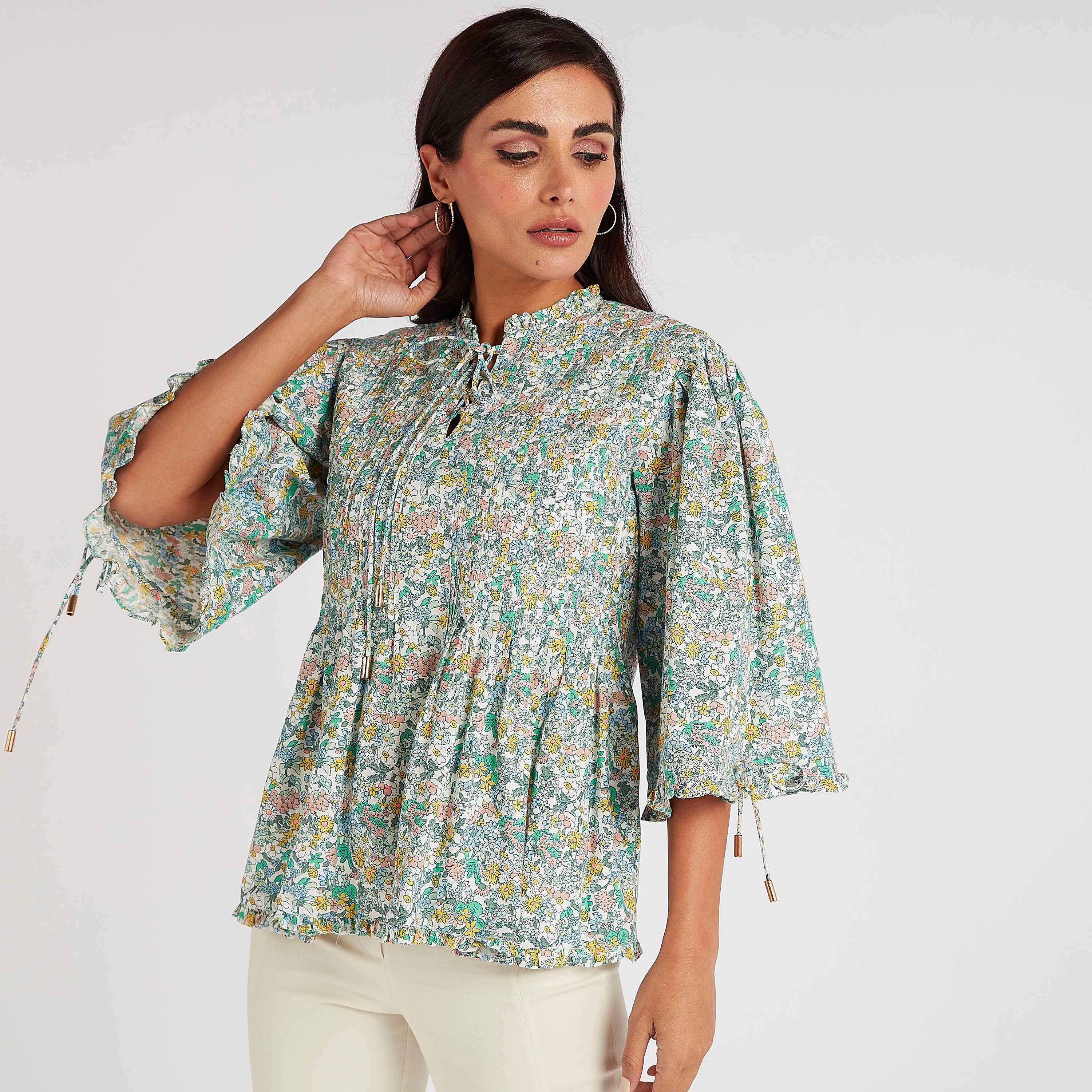 بلوزة بأكمام 3/4 وربطة عنق وطبعات زهرية-women-clothing-shirtsandblouses-blouses-image-1