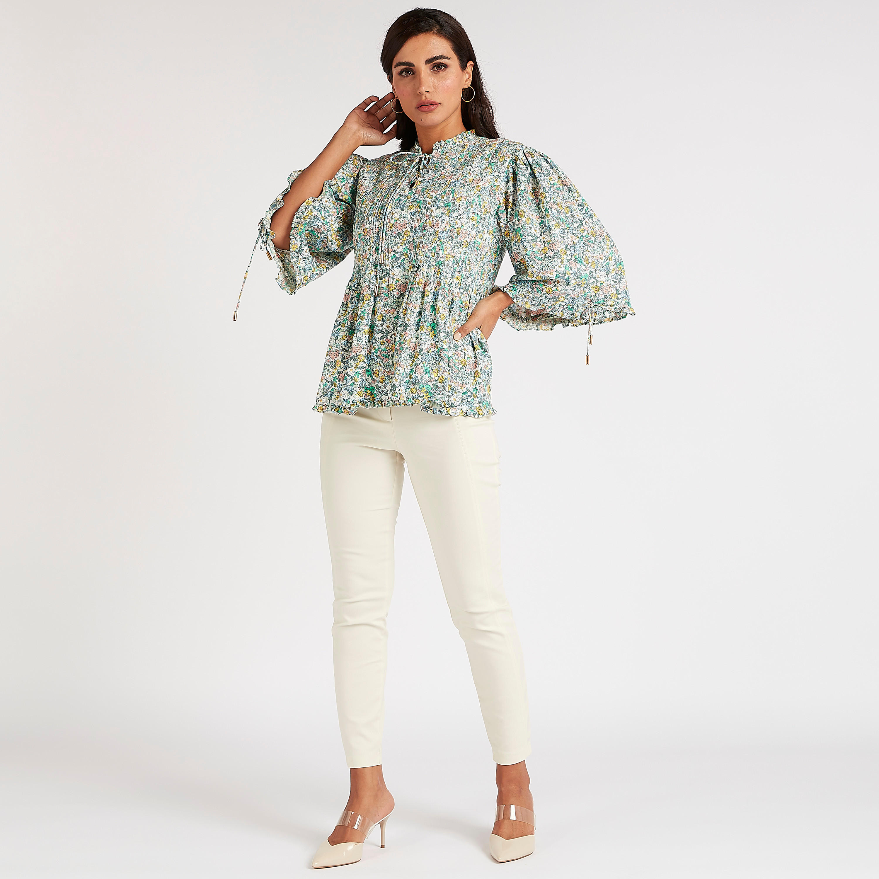 بلوزة بأكمام 3/4 وربطة عنق وطبعات زهرية-women-clothing-shirtsandblouses-blouses-image-2