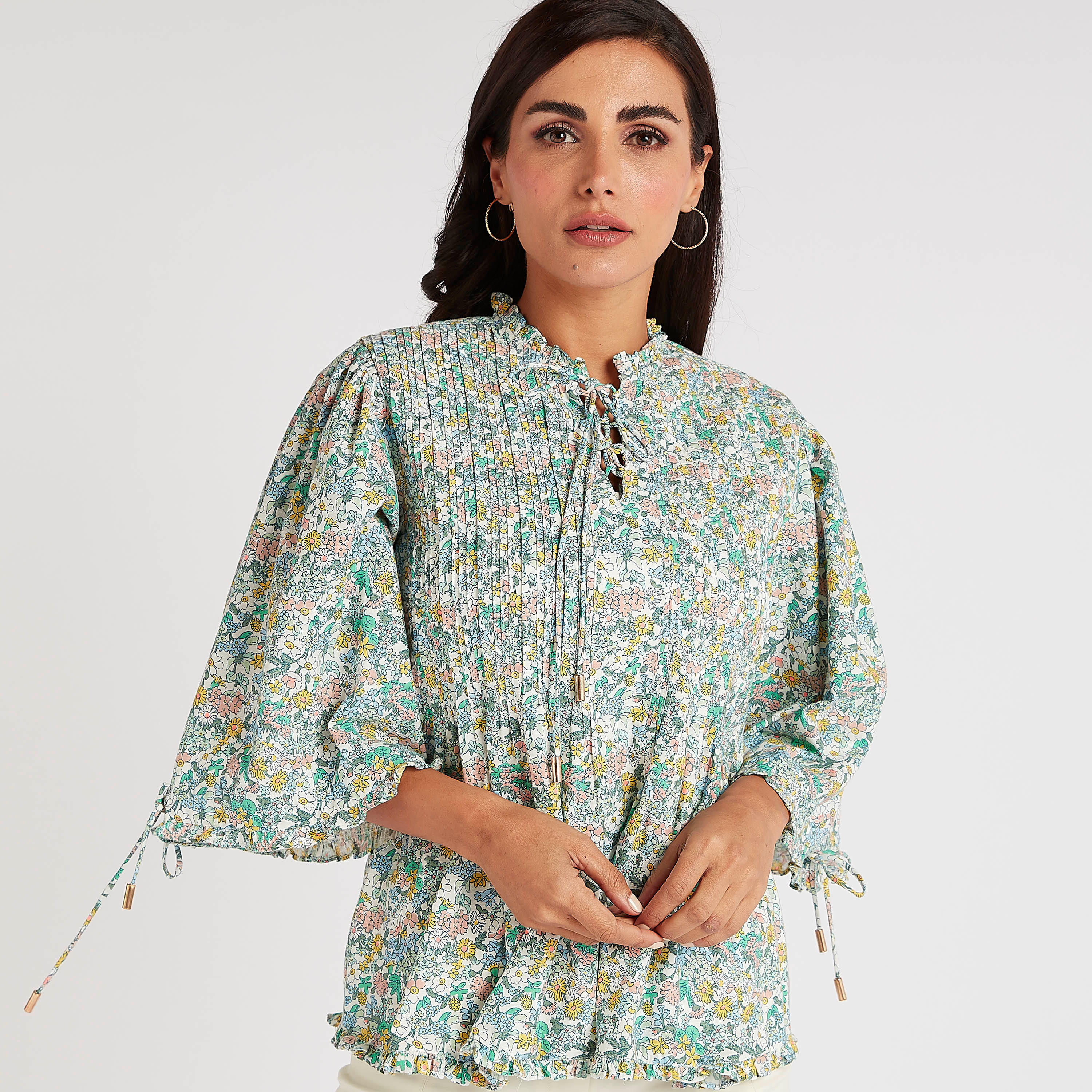 بلوزة بأكمام 3/4 وربطة عنق وطبعات زهرية-women-clothing-shirtsandblouses-blouses-image-4
