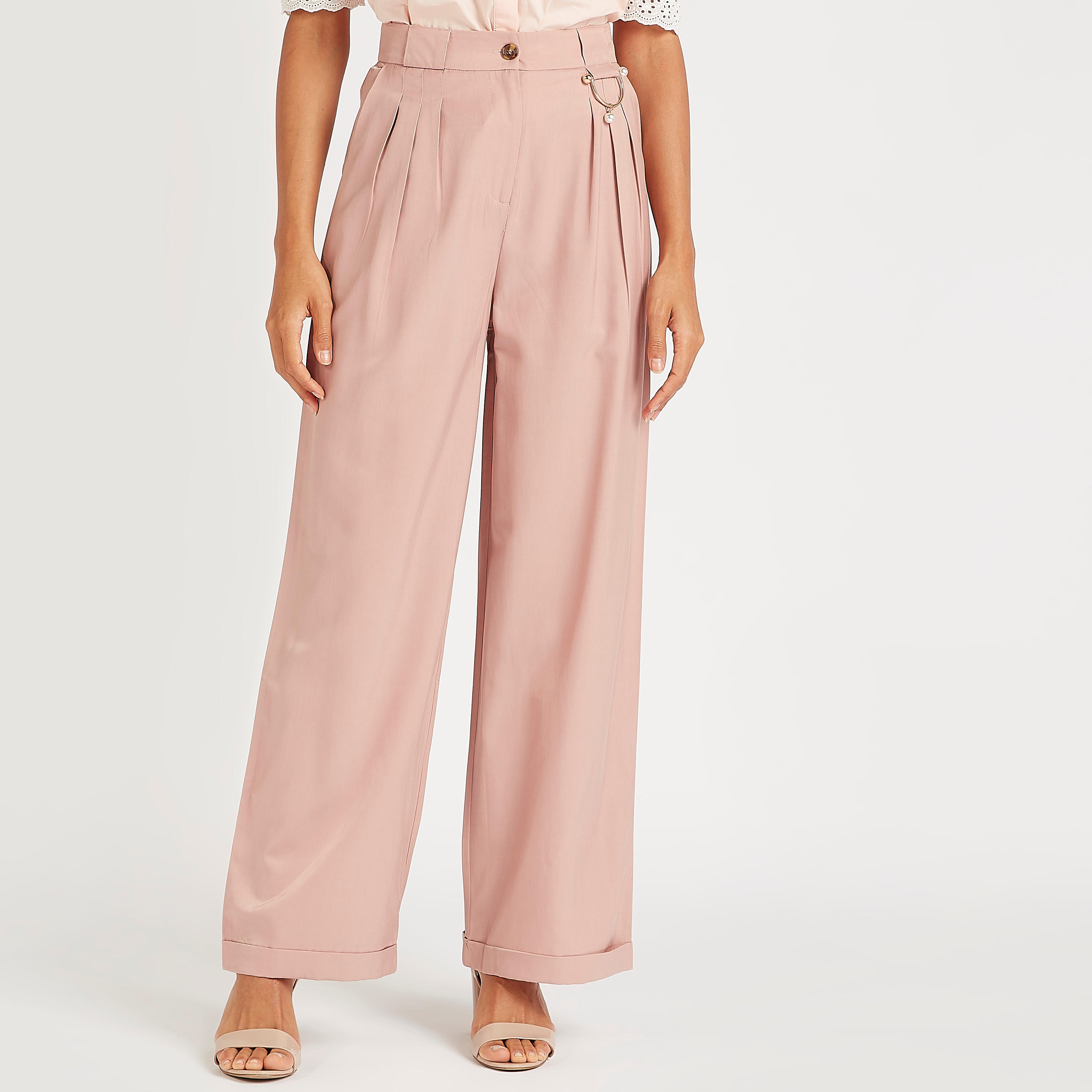 بنطلون سادة بخصر متوسط الارتفاع وزر إغلاق وزينة معدنيّة من آيكونيك-women-clothing-bottoms-trousers-image-2