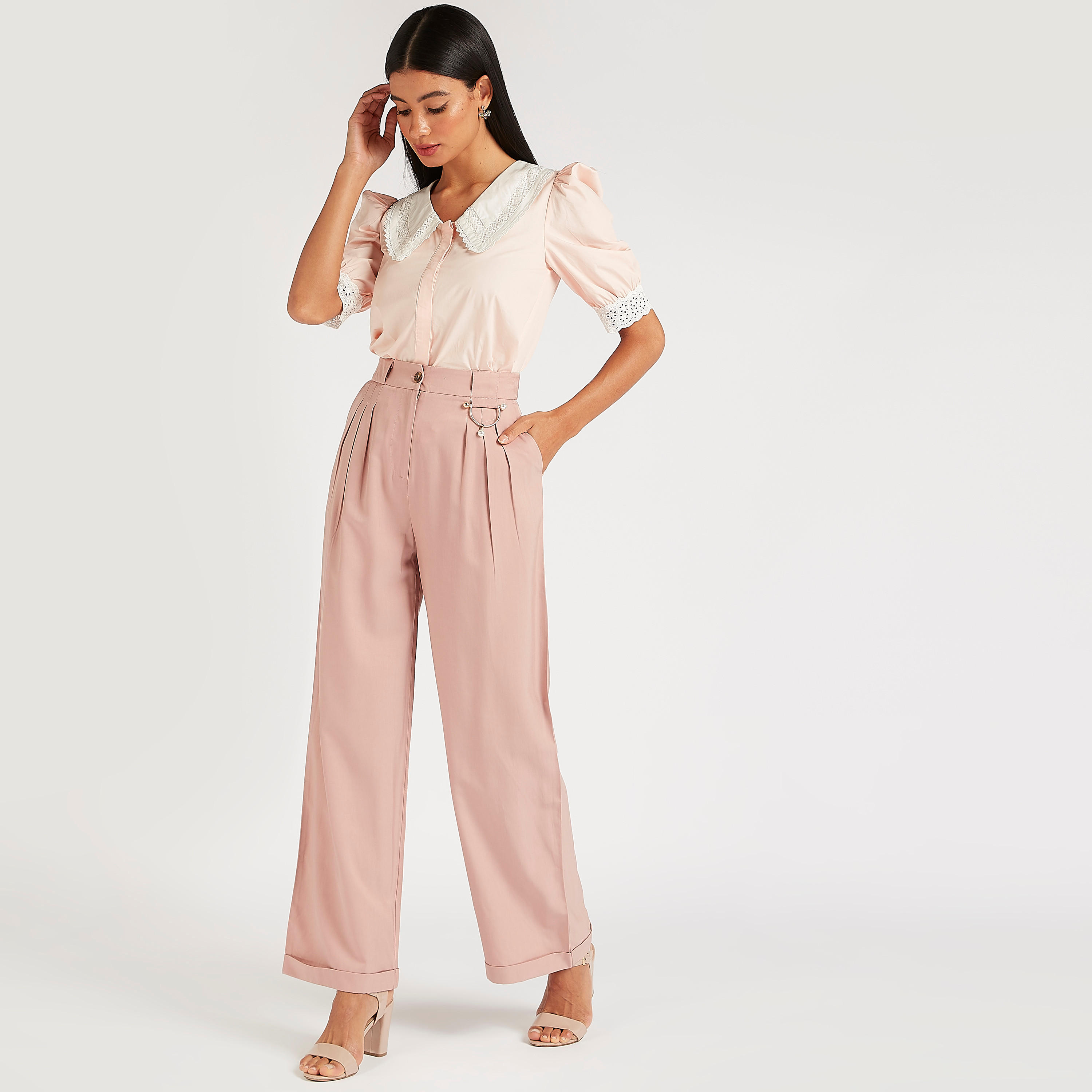 بنطلون سادة بخصر متوسط الارتفاع وزر إغلاق وزينة معدنيّة من آيكونيك-women-clothing-bottoms-trousers-image-3