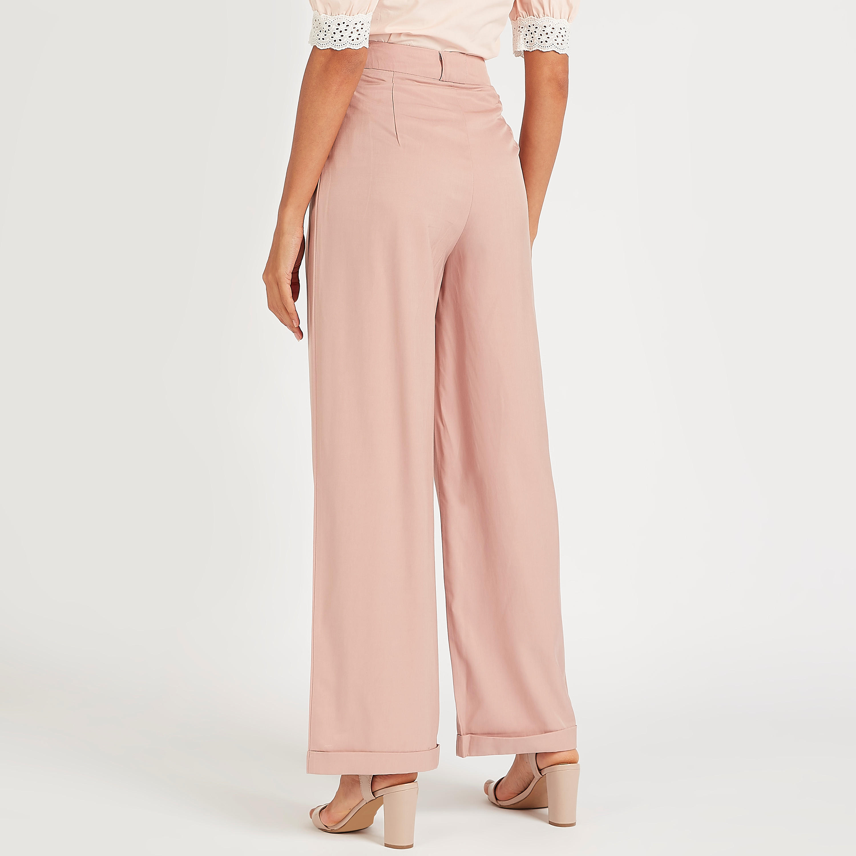 بنطلون سادة بخصر متوسط الارتفاع وزر إغلاق وزينة معدنيّة من آيكونيك-women-clothing-bottoms-trousers-image-5