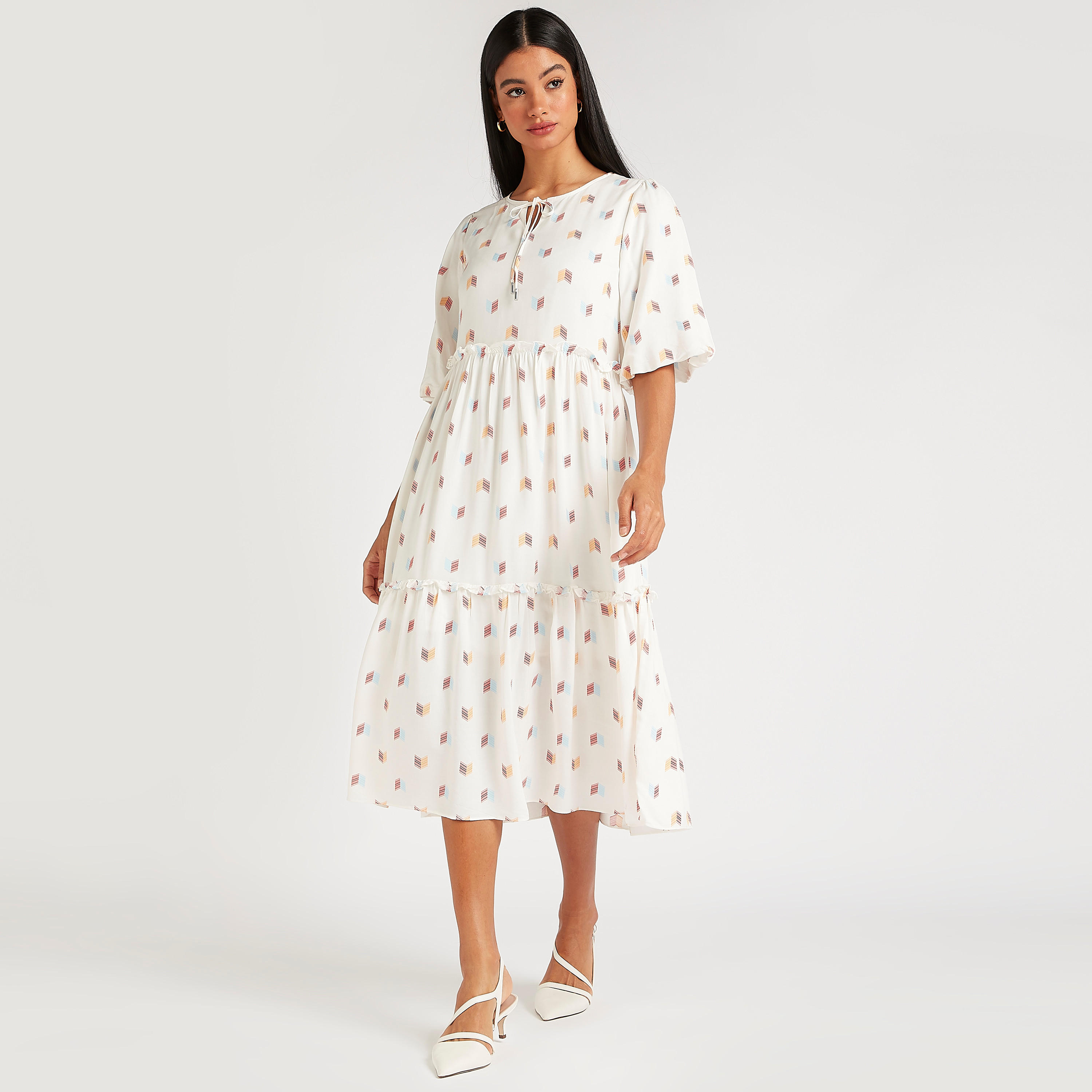 تونيك ميدي بطبقات متعدّدة وطبعات وربطة عنق وأكمام 3/4 من آيكونيك-women-clothing-shirtsandblouses-blouses-image-8