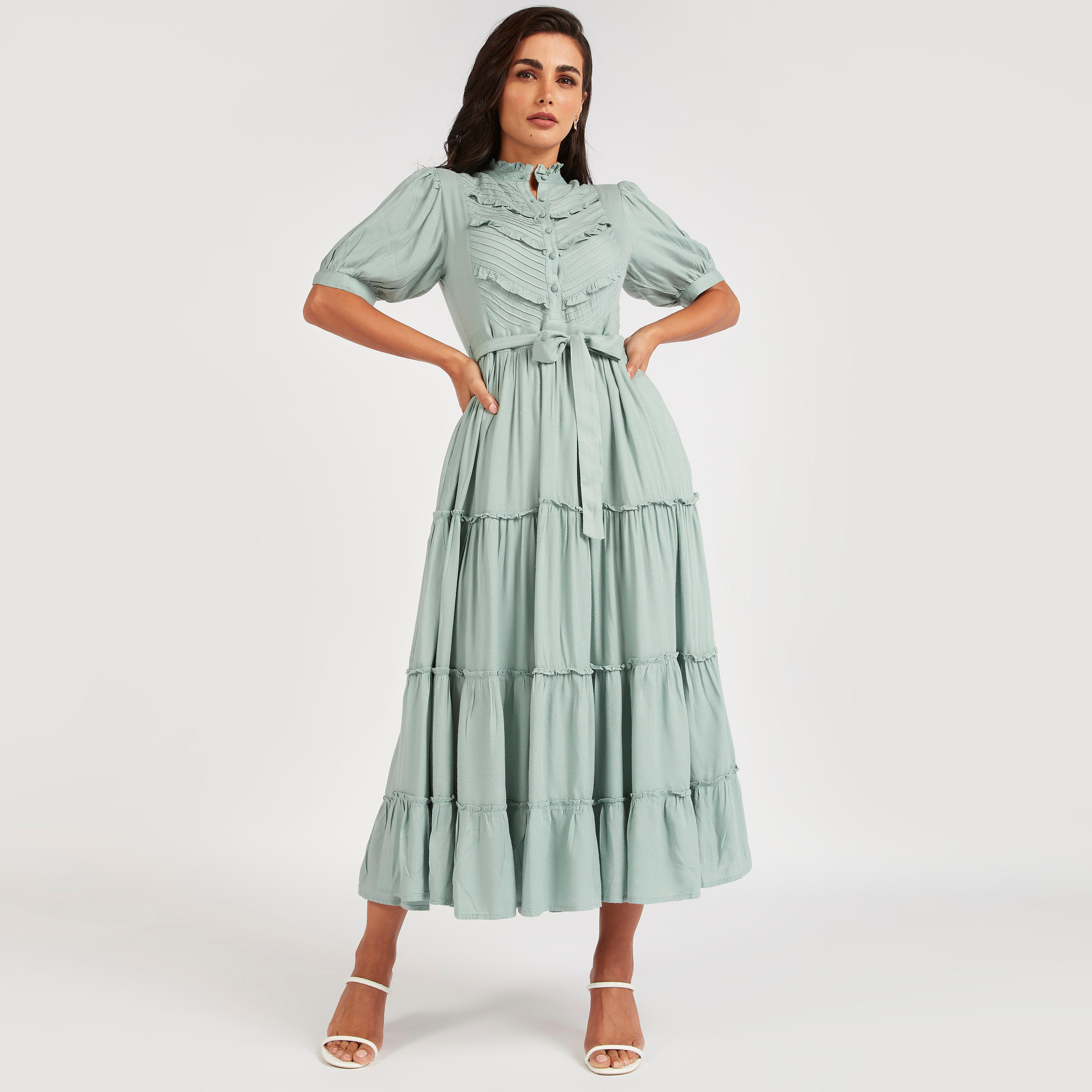 فستان ميدي إيه لاين بحزام وتفاصيل كشكشة من آيكونيك-women-clothing-dresses-image-1
