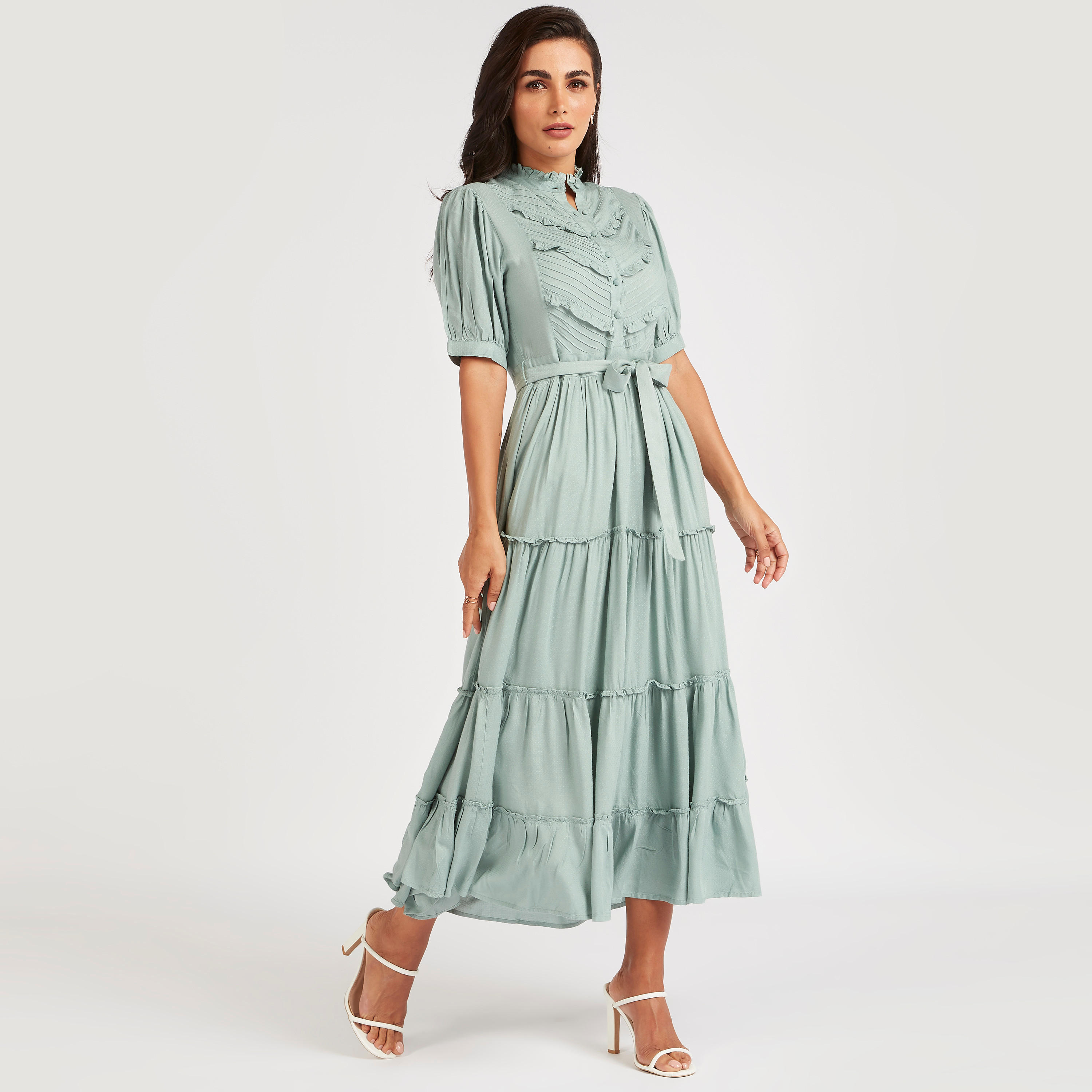فستان ميدي إيه لاين بحزام وتفاصيل كشكشة من آيكونيك-women-clothing-dresses-image-2