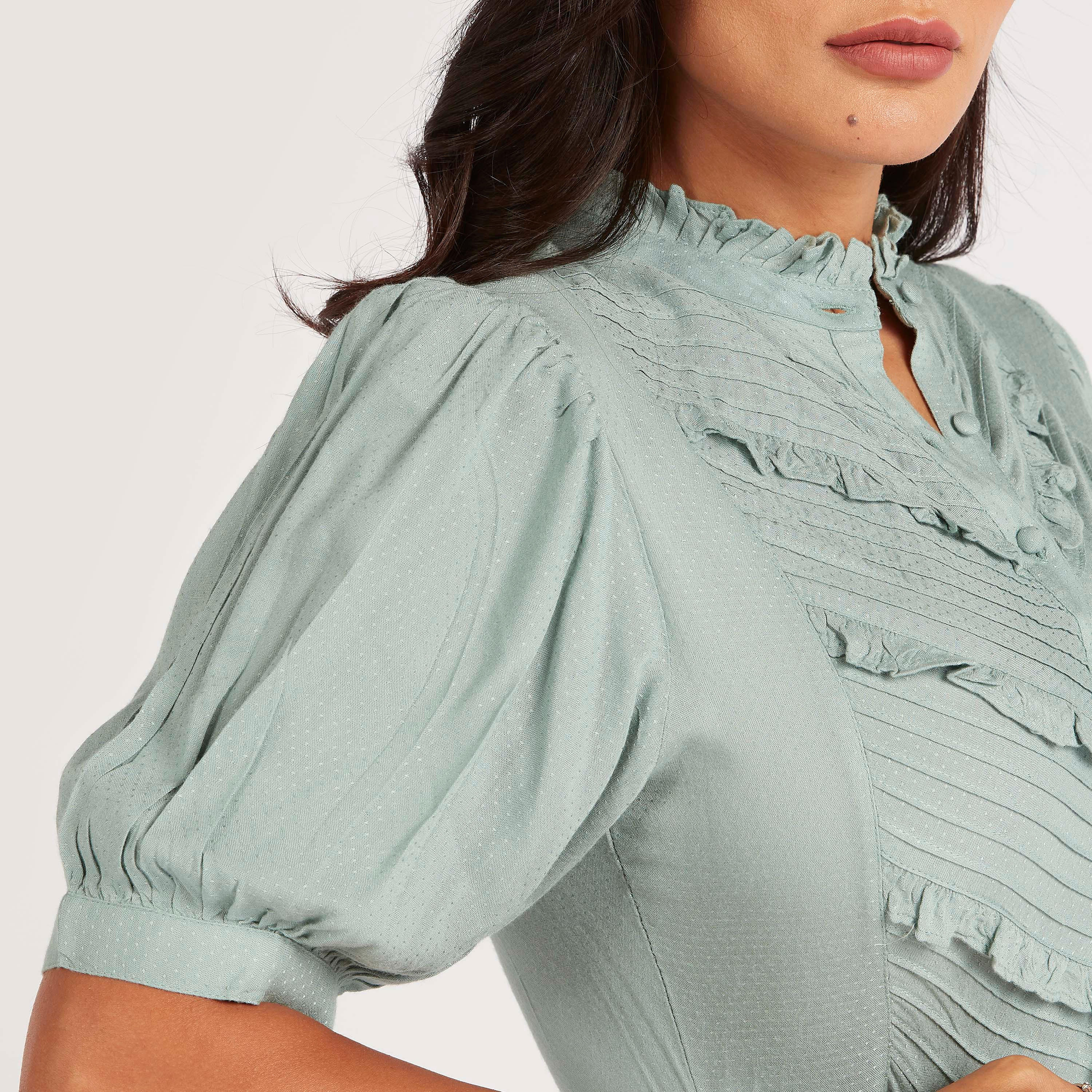 فستان ميدي إيه لاين بحزام وتفاصيل كشكشة من آيكونيك-women-clothing-dresses-image-3