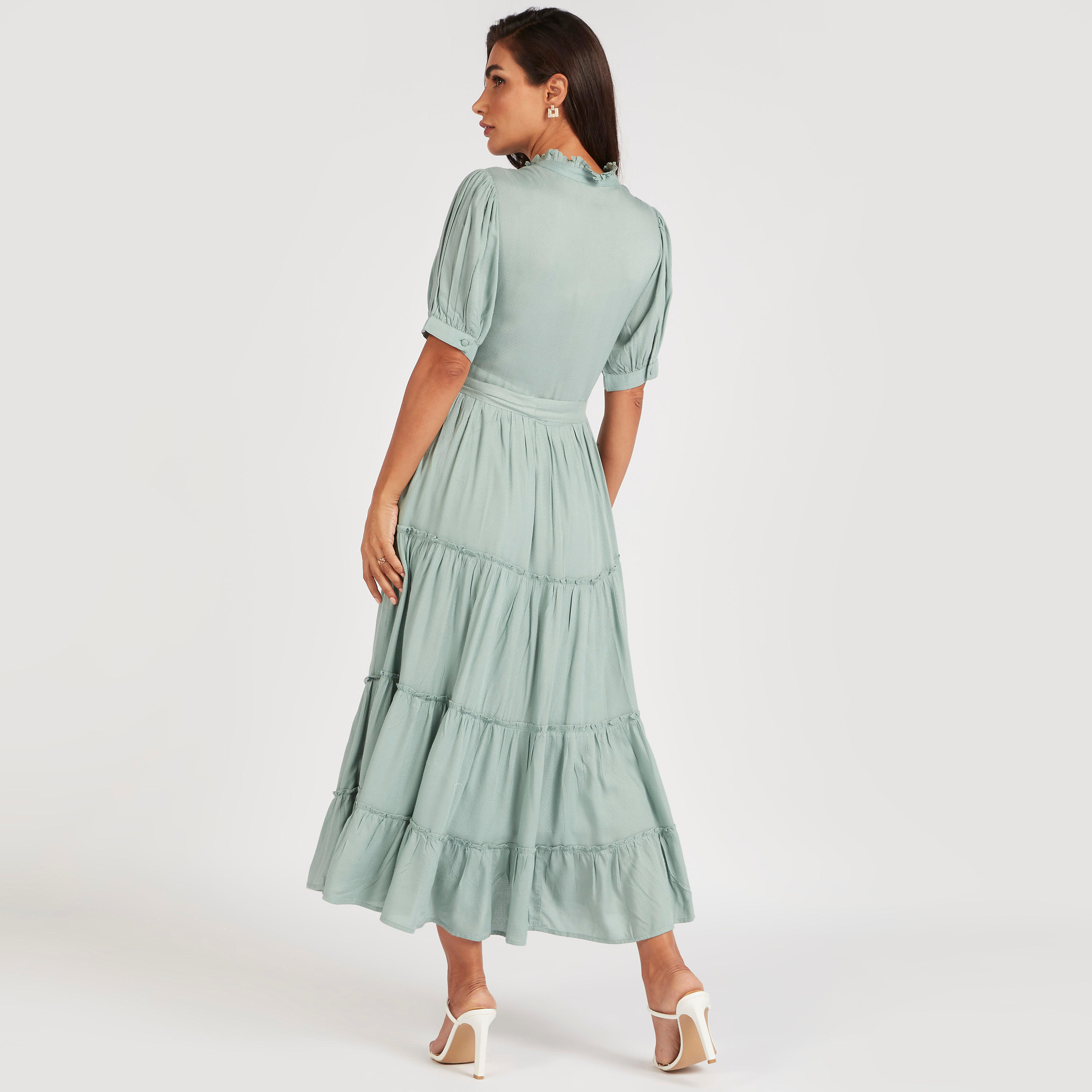 فستان ميدي إيه لاين بحزام وتفاصيل كشكشة من آيكونيك-women-clothing-dresses-image-4