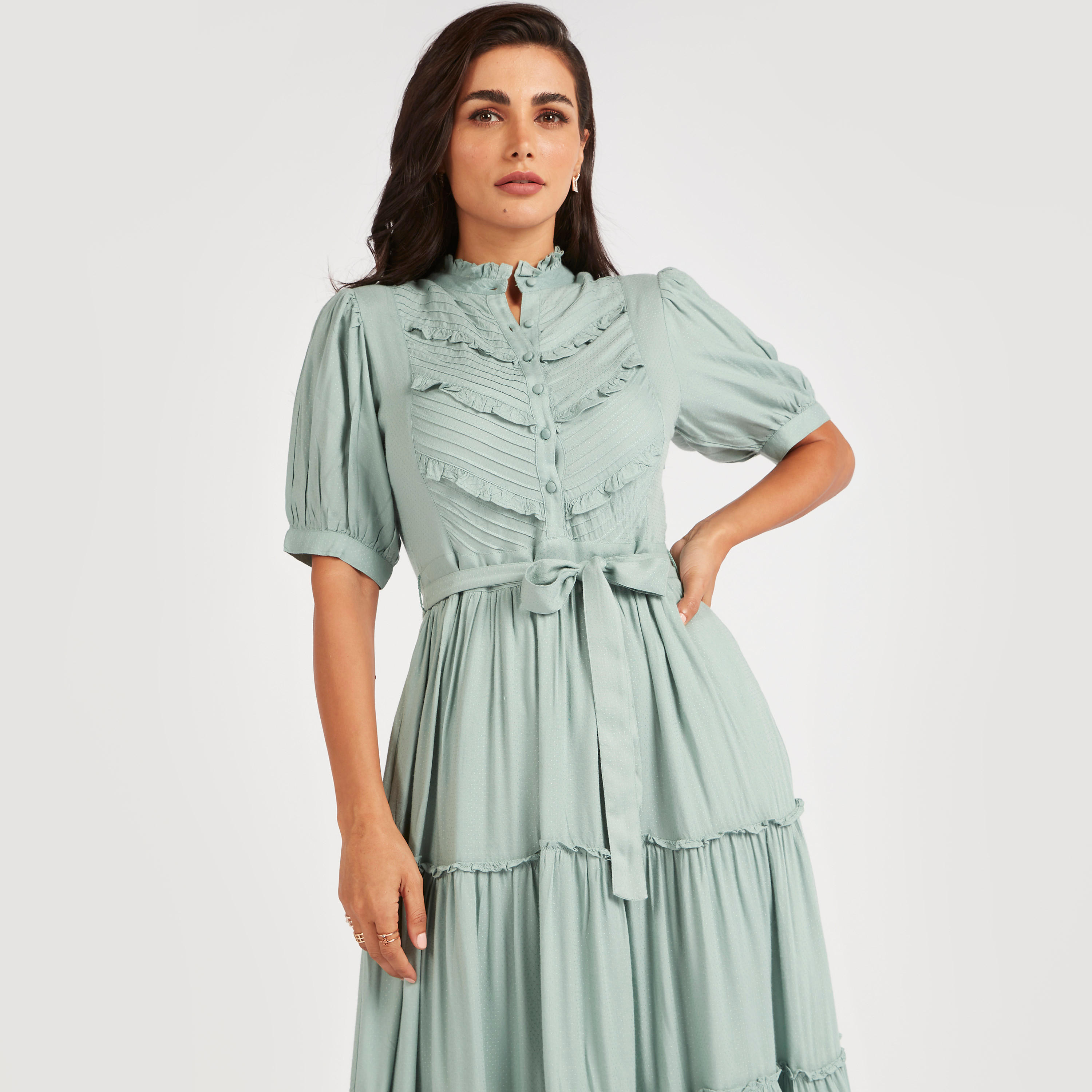 فستان ميدي إيه لاين بحزام وتفاصيل كشكشة من آيكونيك-women-clothing-dresses-image-5