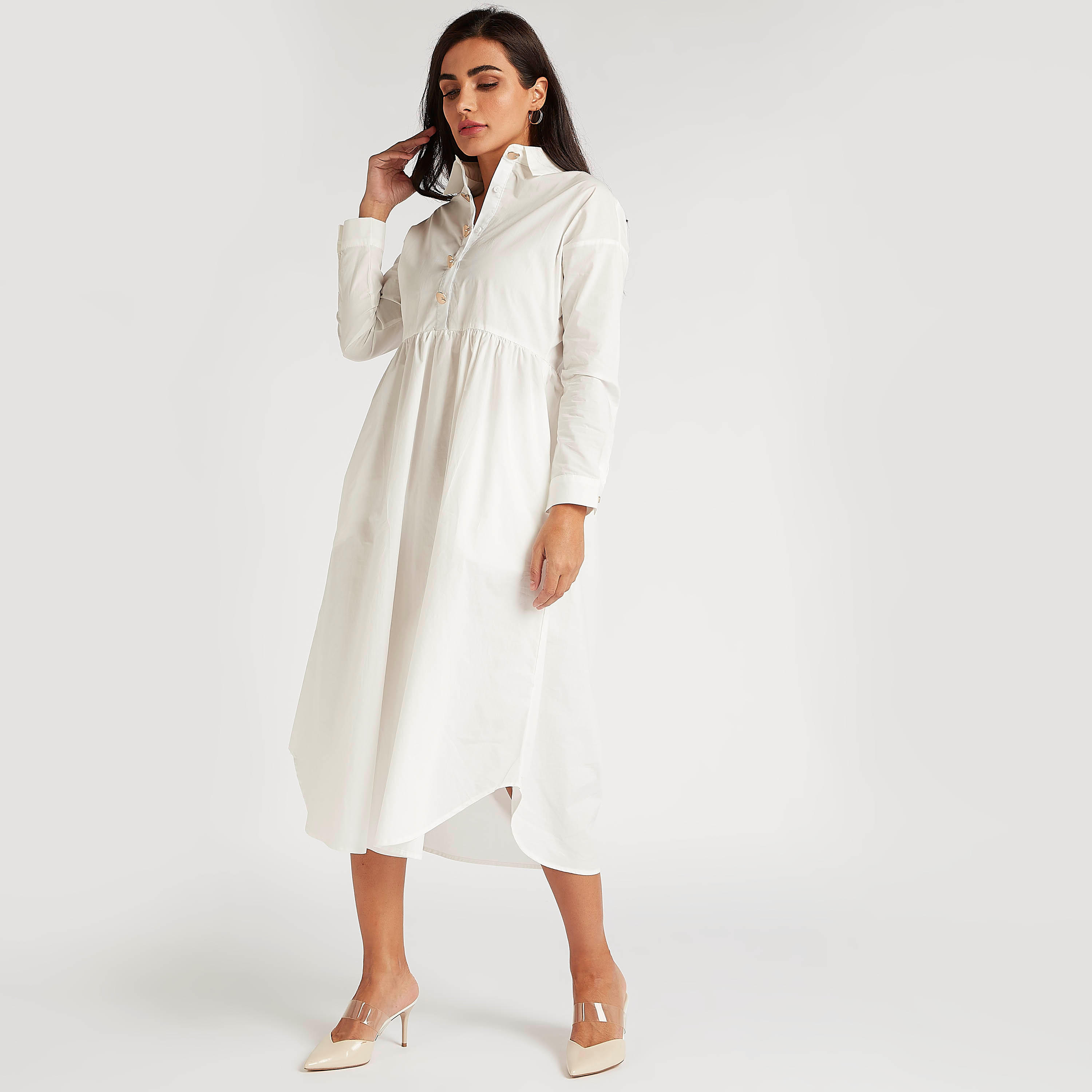 فستان قميص ميدي سادة بأكمام طويلة من آيكونيك-women-clothing-dresses-image-1
