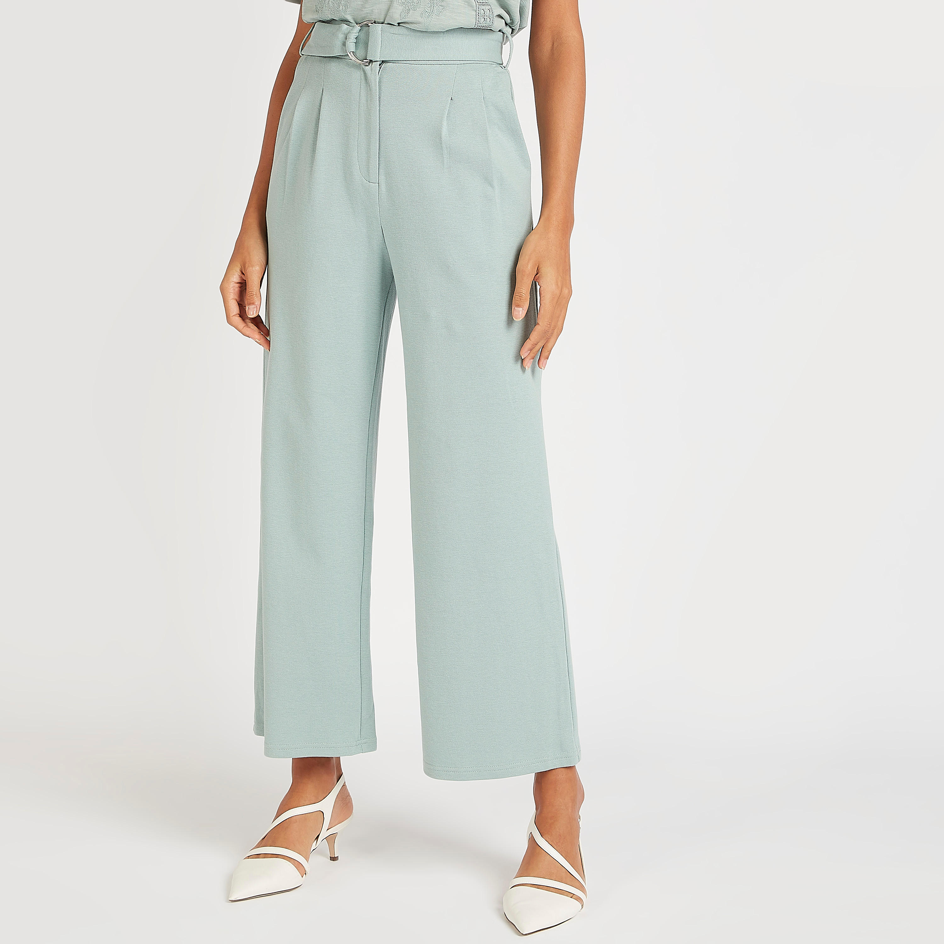 بنطلون بلازو سادة بحزام وجيوب وخصر مطّاطي متوسط الارتفاع من آيكونيك-women-clothing-bottoms-trousers-image-1