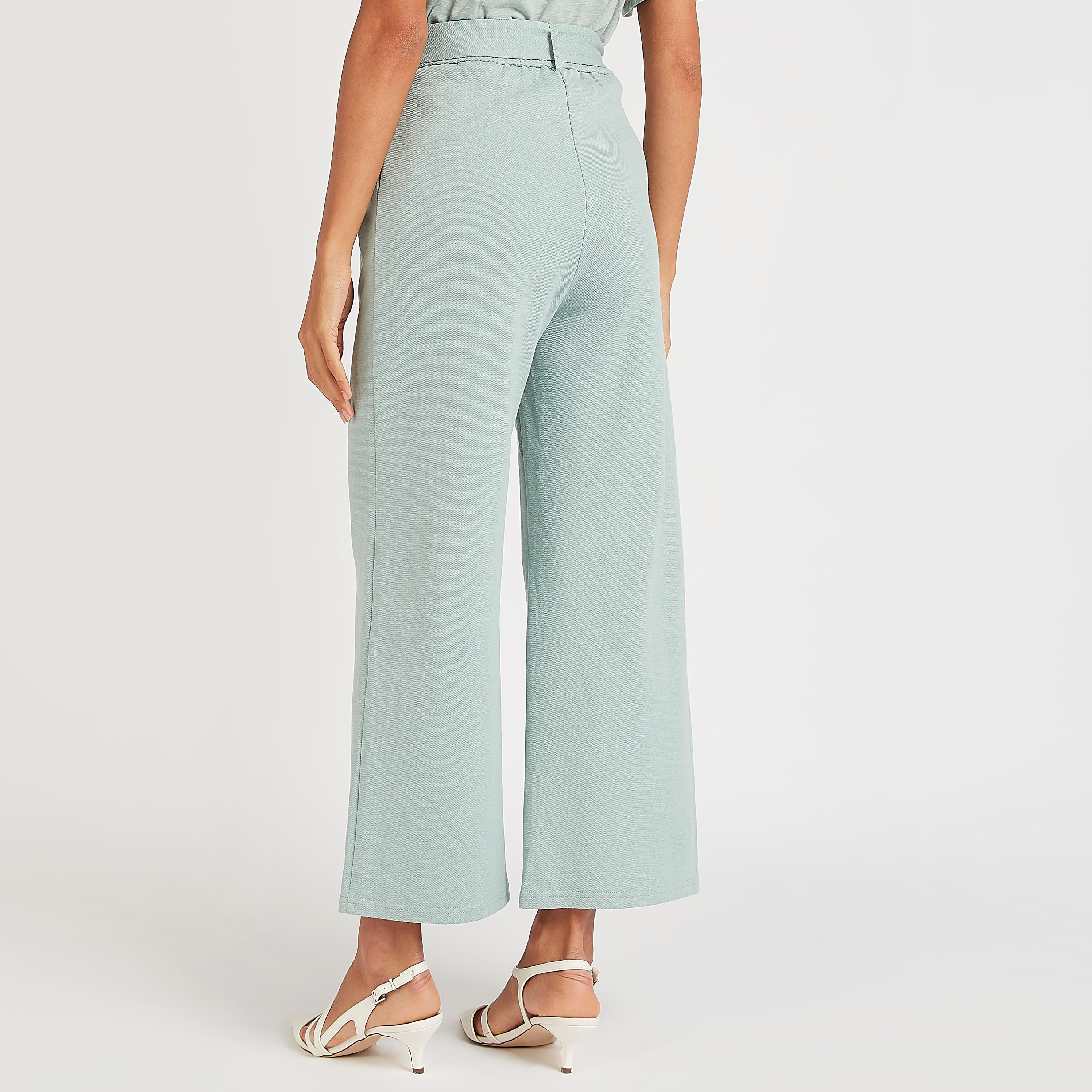 بنطلون بلازو سادة بحزام وجيوب وخصر مطّاطي متوسط الارتفاع من آيكونيك-women-clothing-bottoms-trousers-image-4