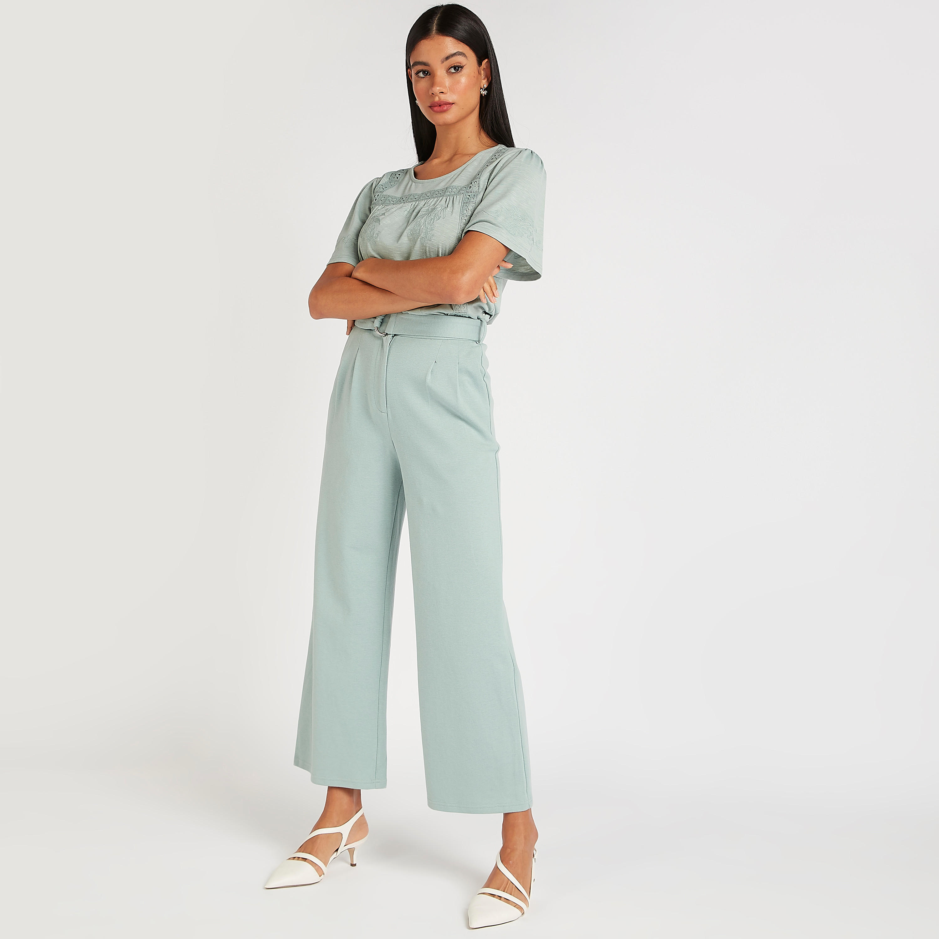 بنطلون بلازو سادة بحزام وجيوب وخصر مطّاطي متوسط الارتفاع من آيكونيك-women-clothing-bottoms-trousers-image-5