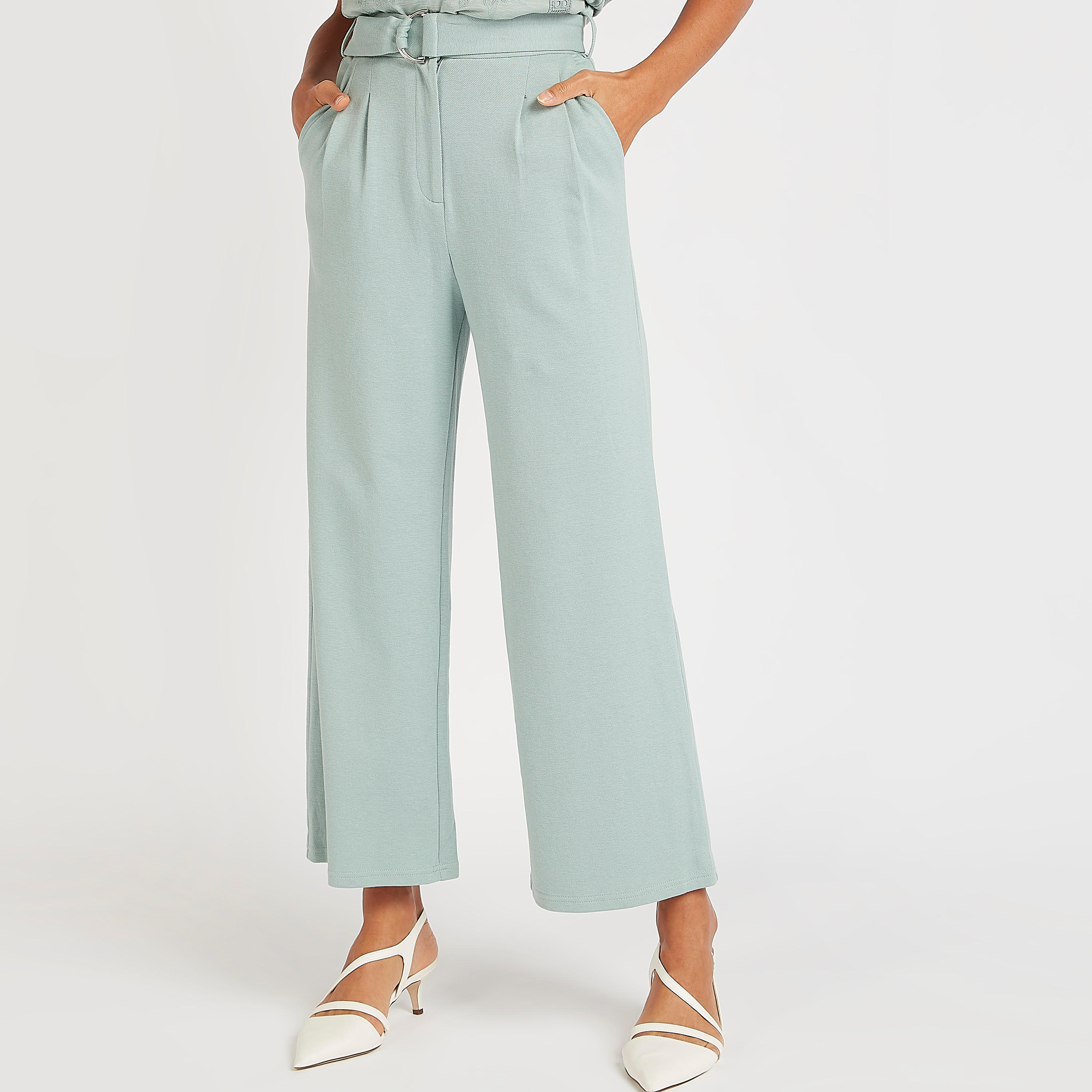بنطلون بلازو سادة بحزام وجيوب وخصر مطّاطي متوسط الارتفاع من آيكونيك-women-clothing-bottoms-trousers-image-6