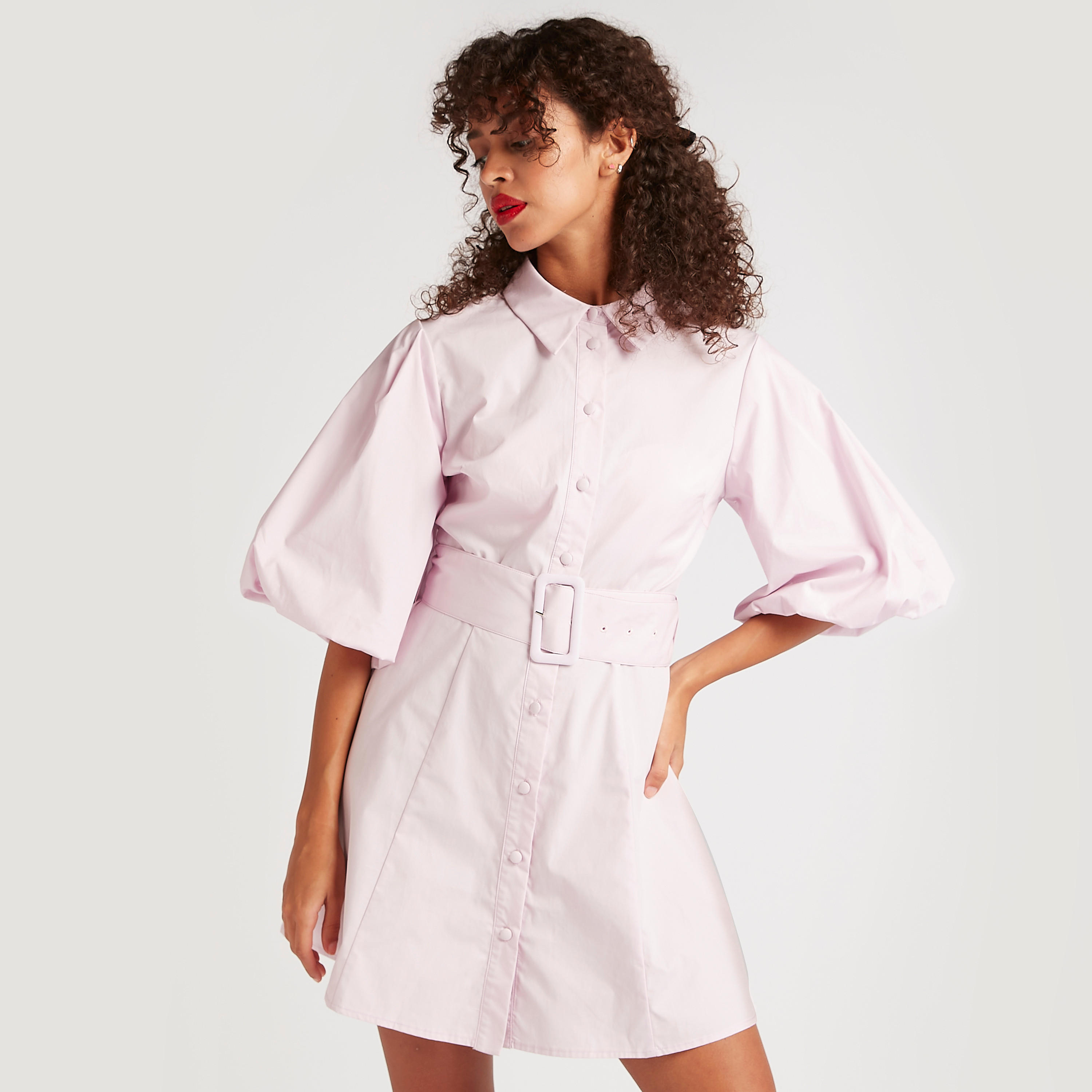 Iconic Solid Belted Mini Skater Dress with Short Volume Sleeves-women-clothing-dresses-image-1