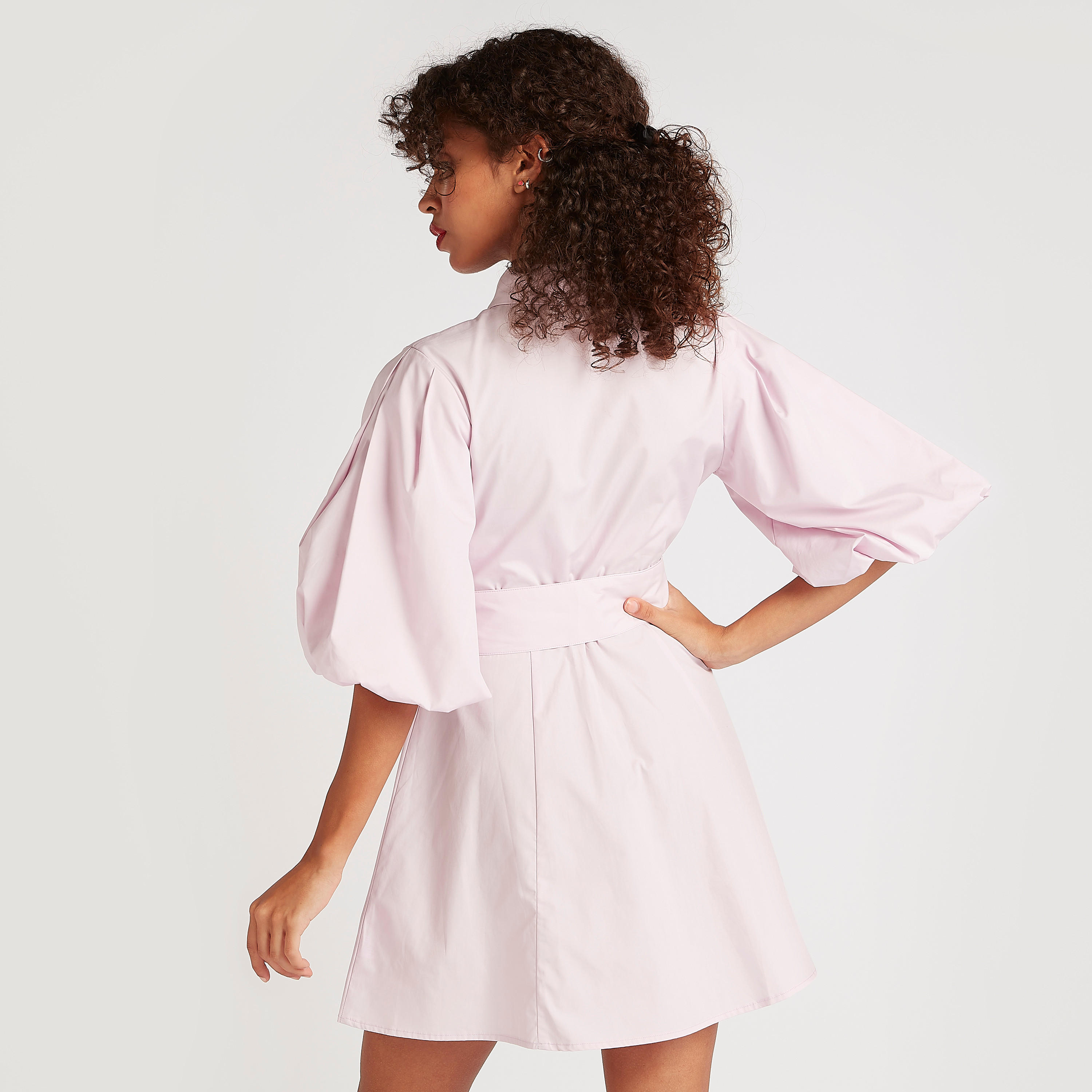 Iconic Solid Belted Mini Skater Dress with Short Volume Sleeves-women-clothing-dresses-image-5