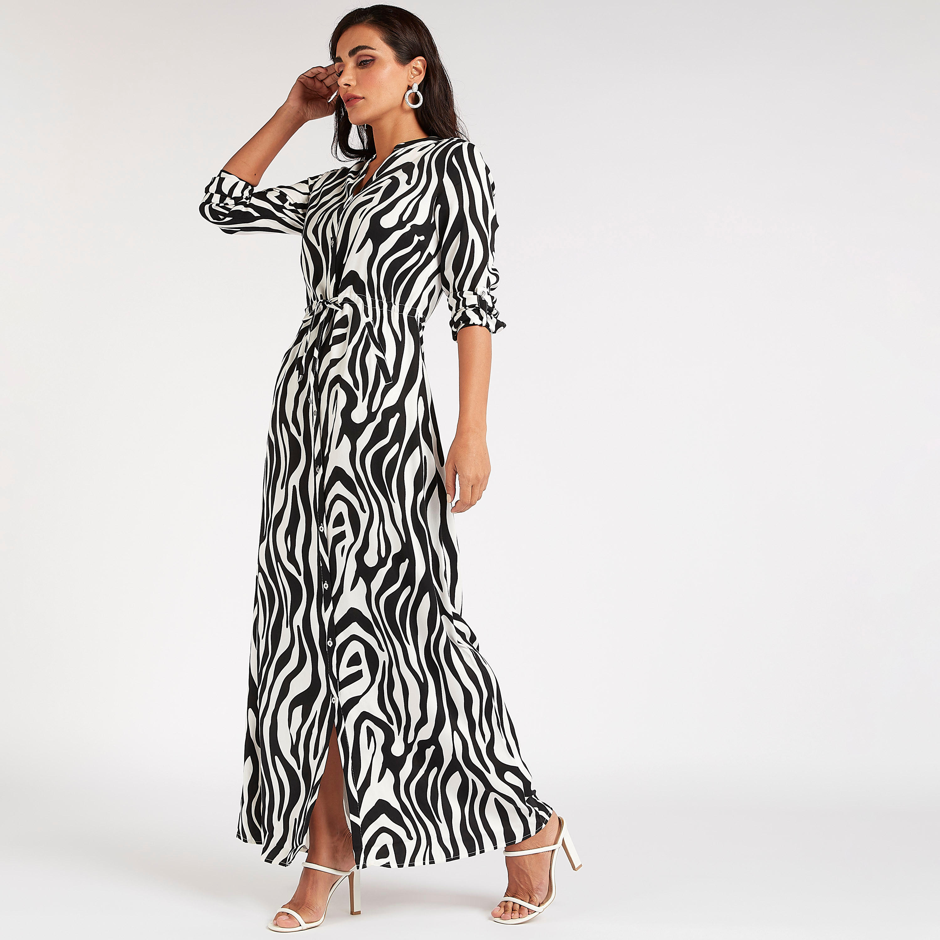 Iconic Printed Maxi A-line Dress with Drawstring Closure-women-clothing-dresses-image-1